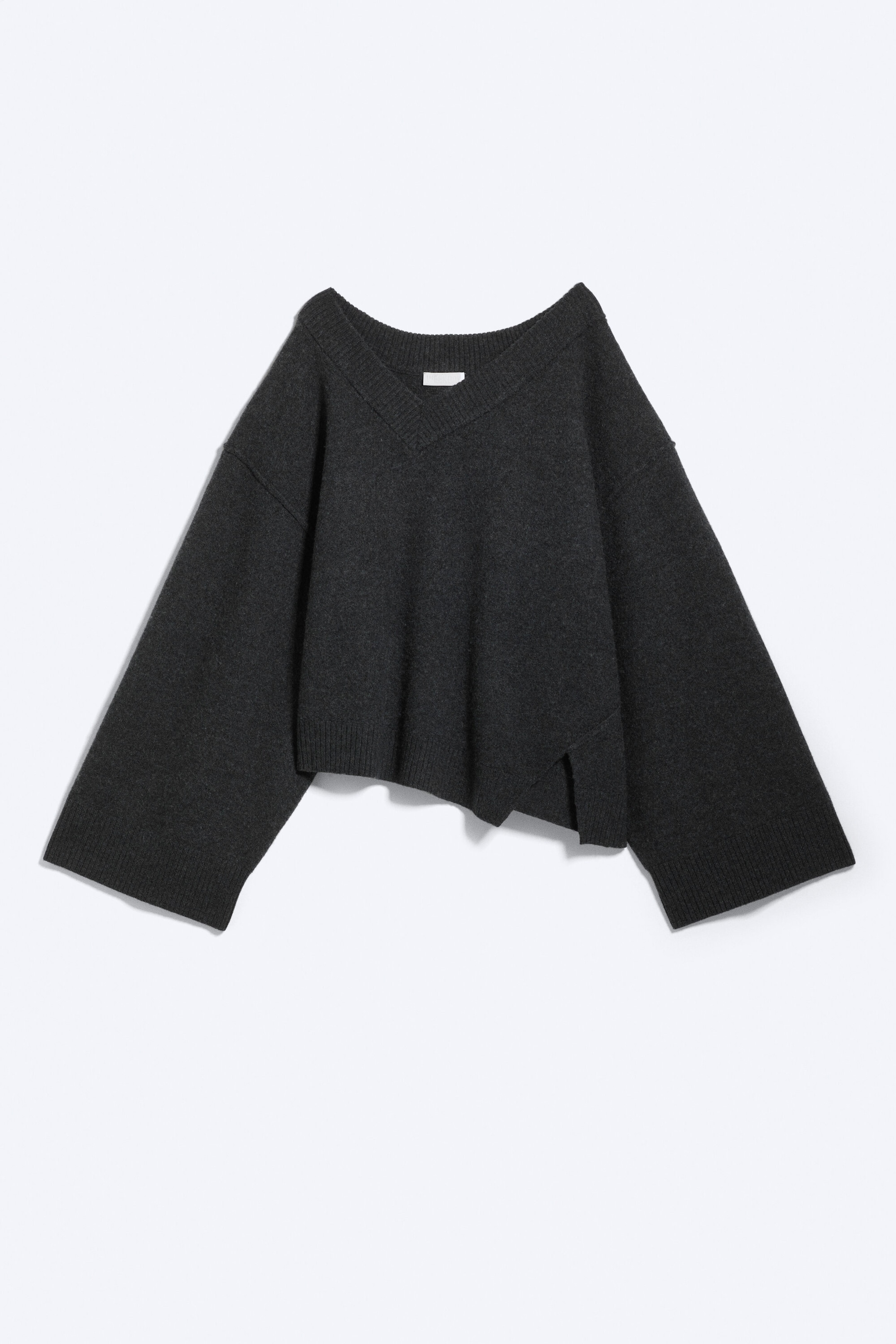 Dark Grey Melange - Asymmetric V-line Knitted Sweater - 3