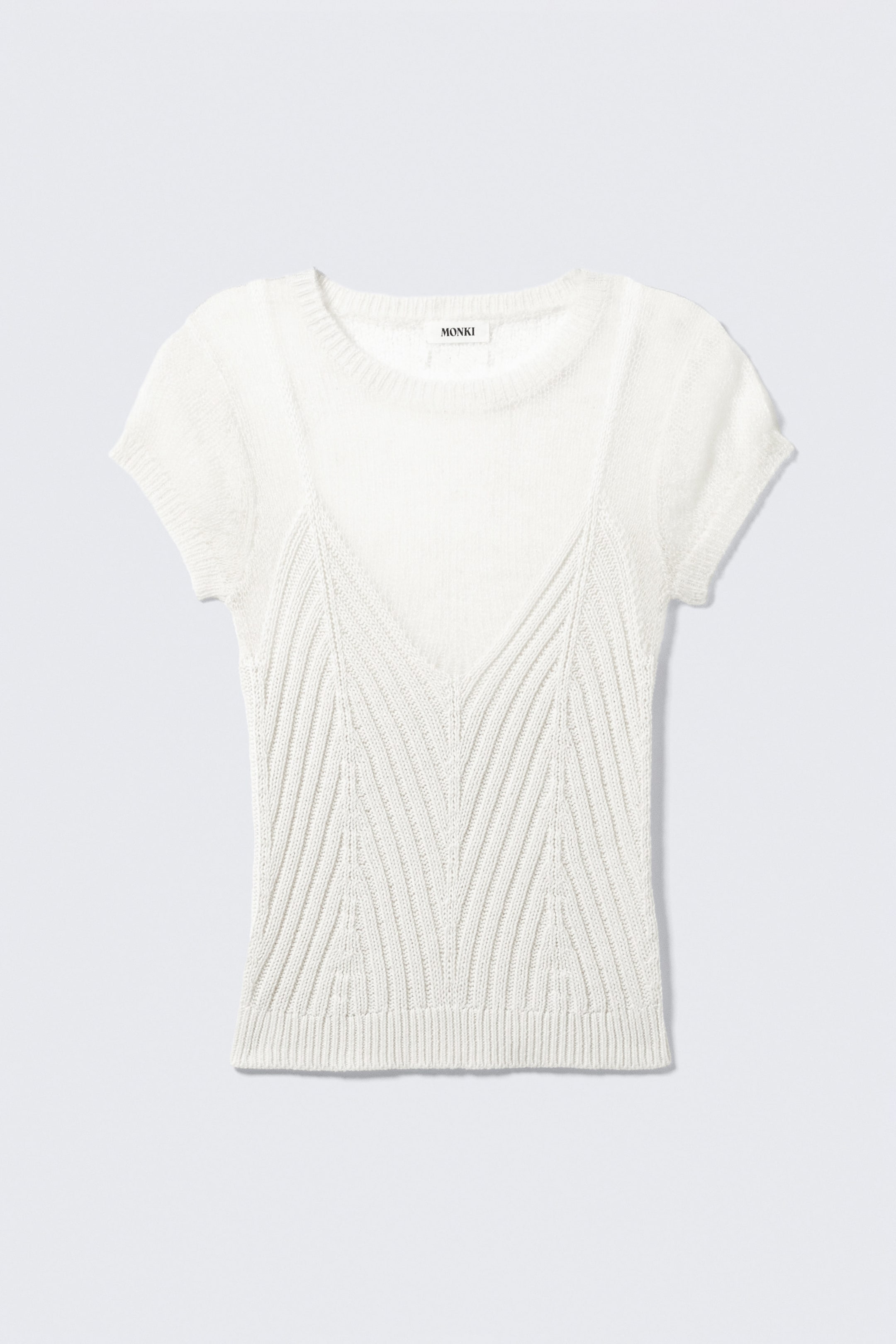 White - Short-Sleeved Knitted Layered Top - 1