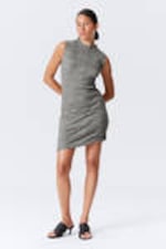 Grey Melange - Knitted Crinkled Sleeveless Mini Dress - 0
