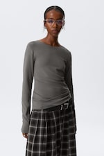 Grey - Deep Back Long-Sleeved Top - 0