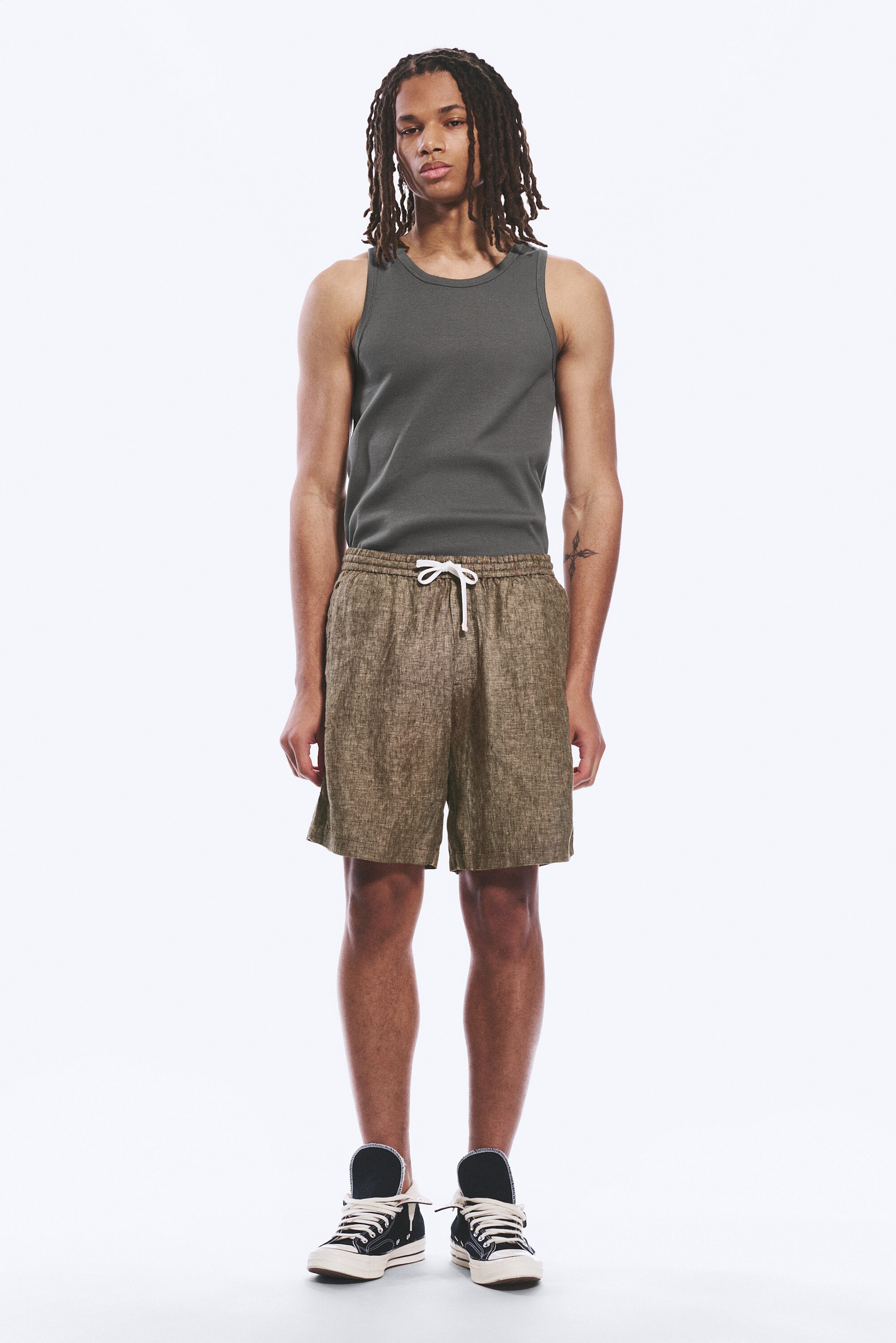 Dark Brown Melange - Relaxed Linen Drawstring Shorts - 1