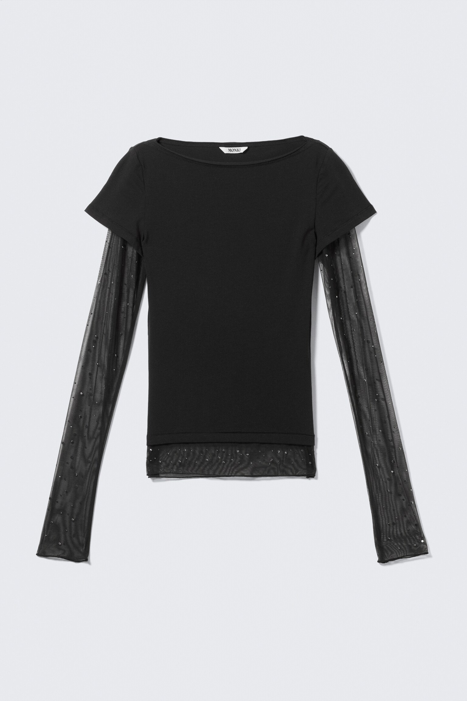 Top mit Netzärmeln und Strass - Schwarz/Beige - 2