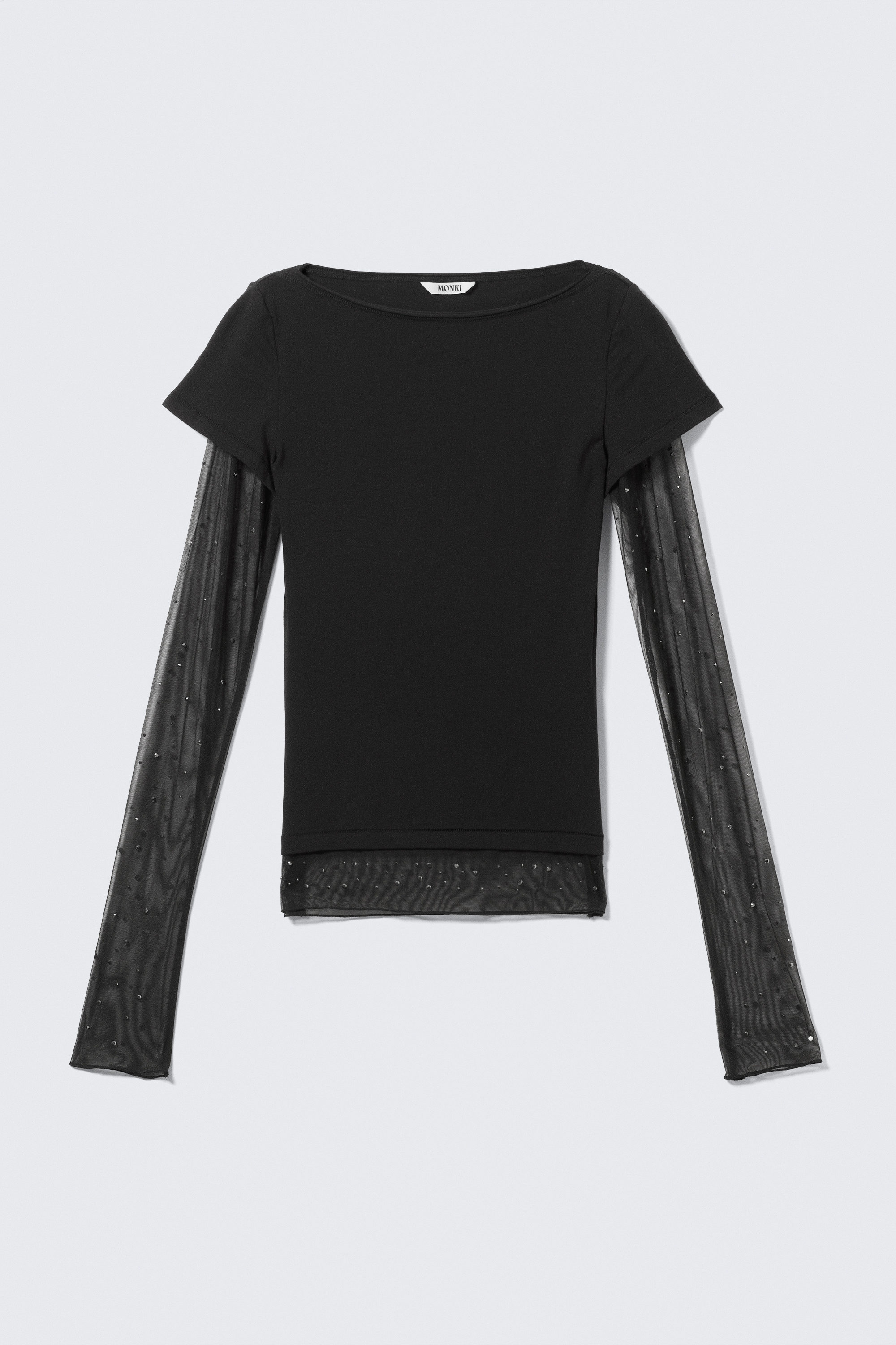 Schwarz - Top mit Netzärmeln und Strass - 3