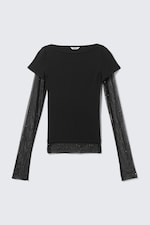 Zwart - Top met strass-steentjes en mesh-mouwen - 3