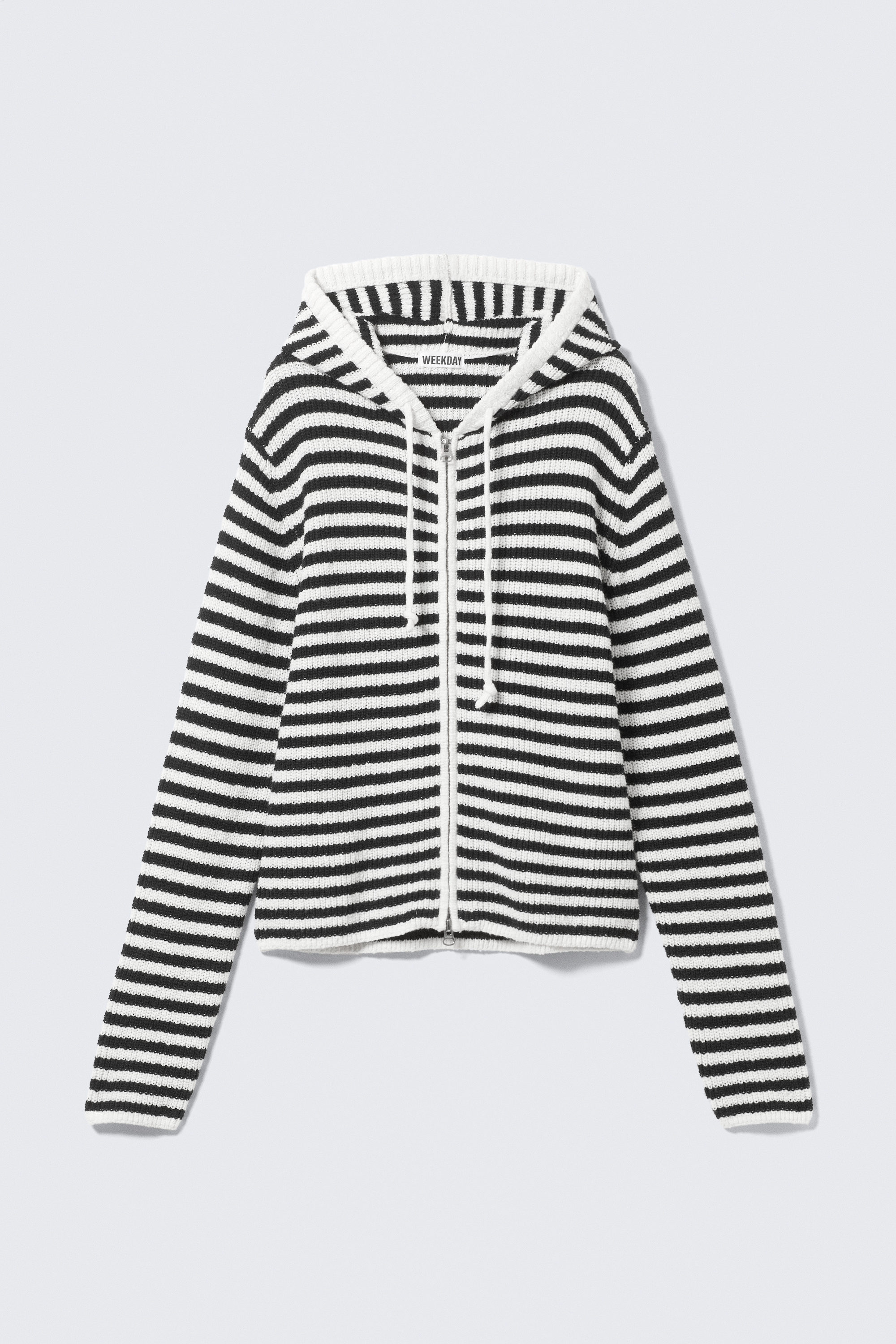 Black & White Stripes - Striped Knitted Slim Fit Zip Hoodie - 4