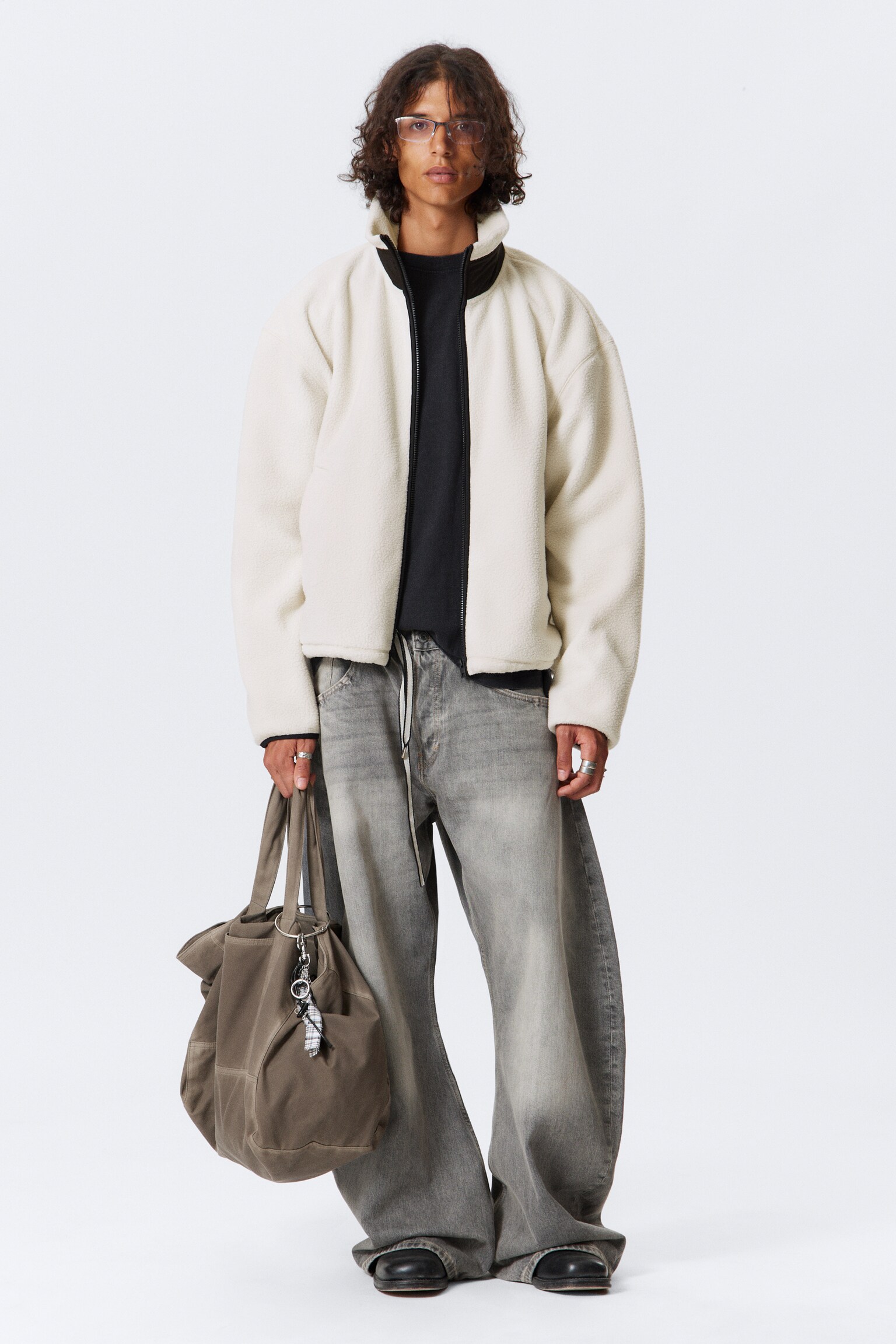 Loose Fit Zip Fleece Jacket - White/Black/Marbled Green