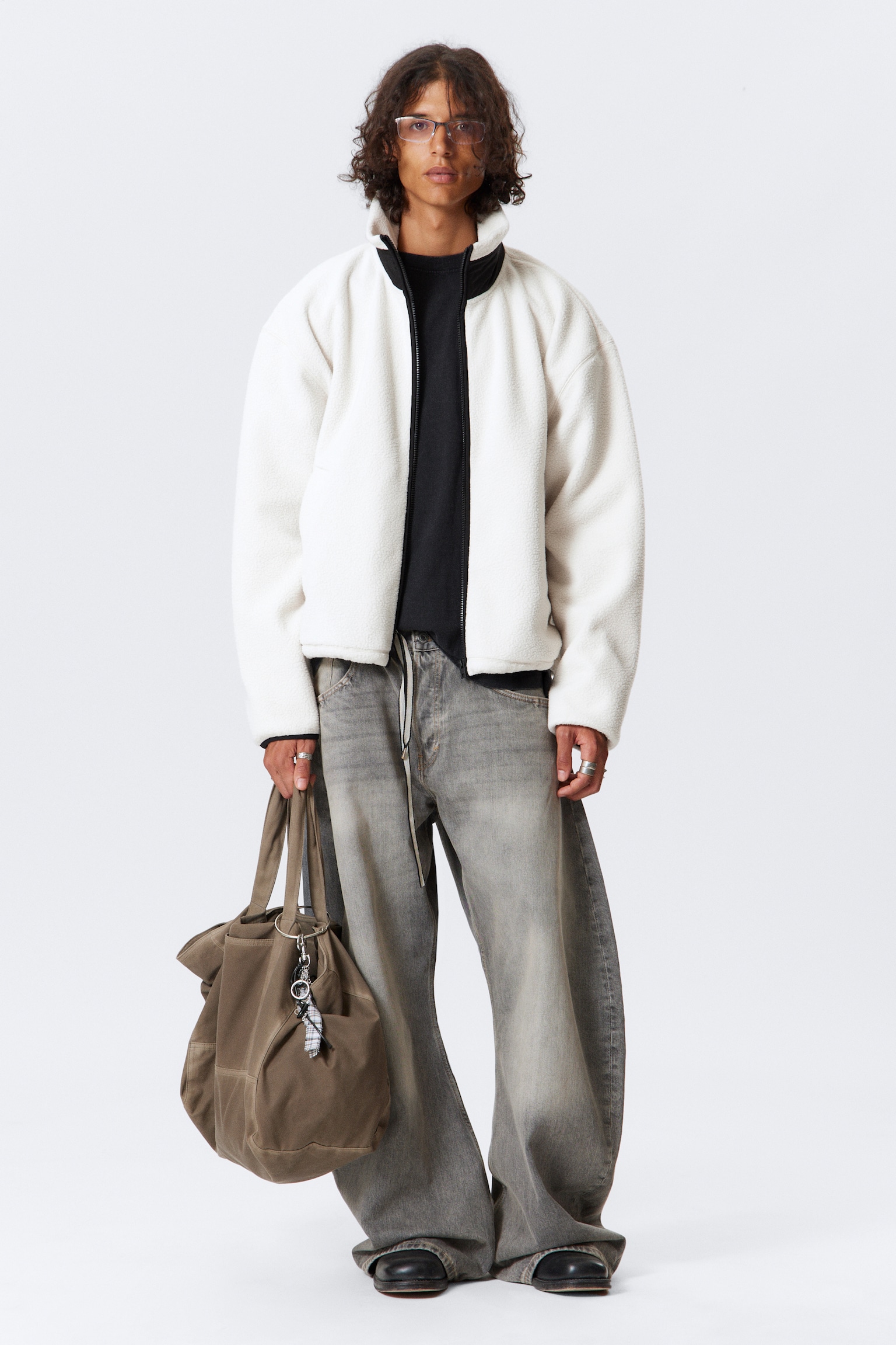 Loose Fit Zip Fleece Jacket - White/Black/Marbled Green