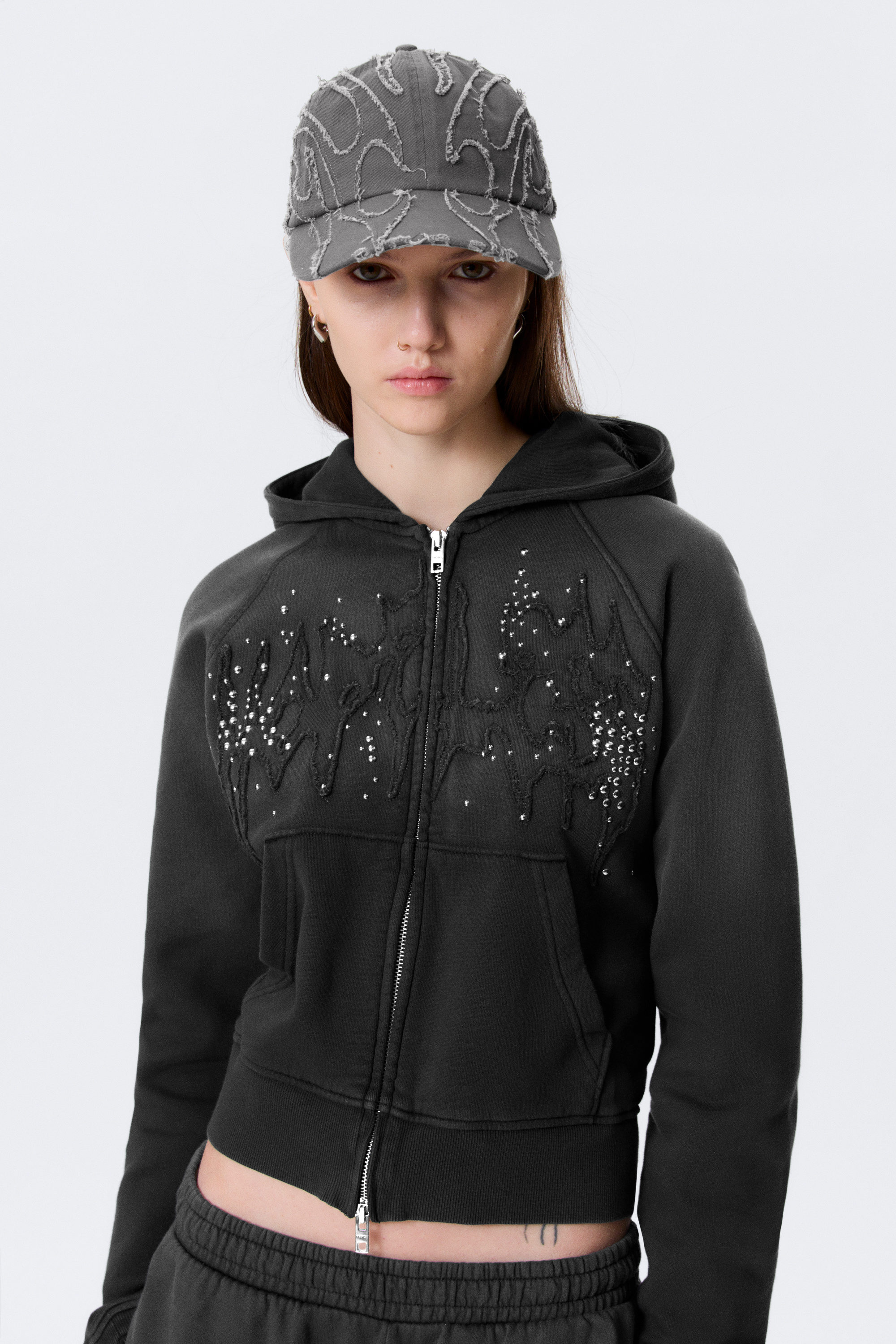 小物 graphics hooded stole slim studded graphic zip hoodie - Washed Studded Black | Weekday GB