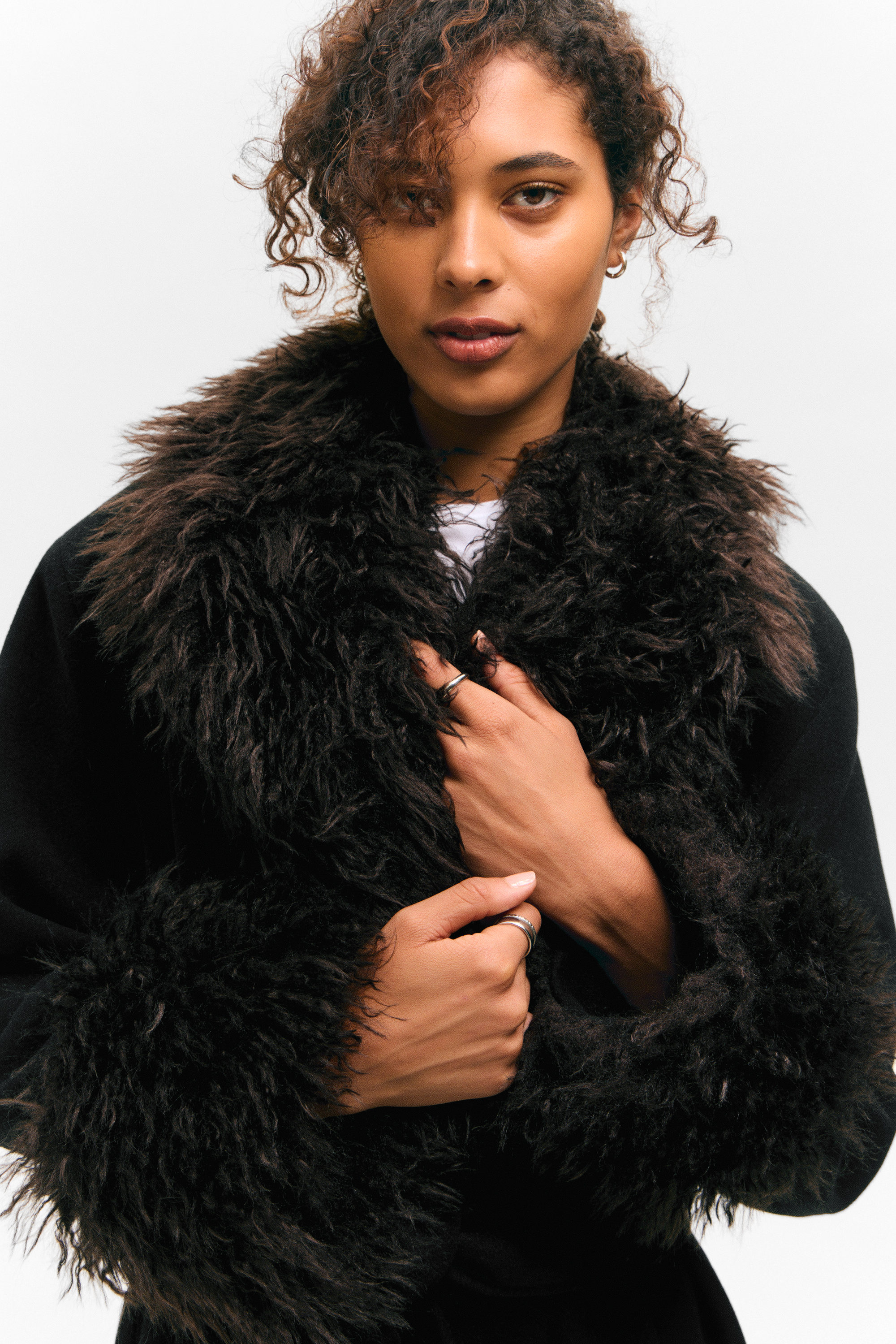 Black - Brown Faux Fur - Long Oversized Coat with Faux-Fur Trims - 1