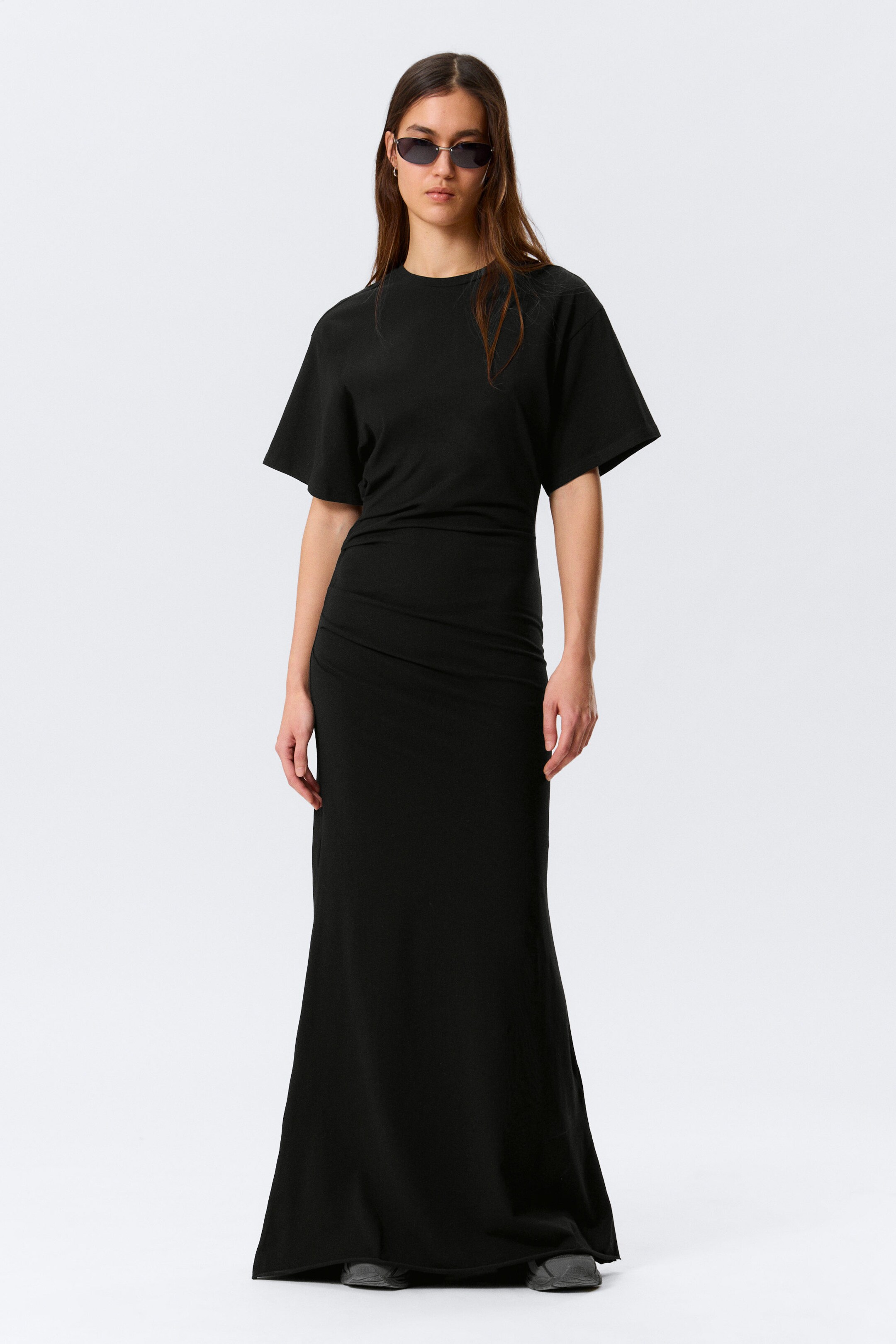 Black - Gathered Short-Sleeved Maxi Dress - 1