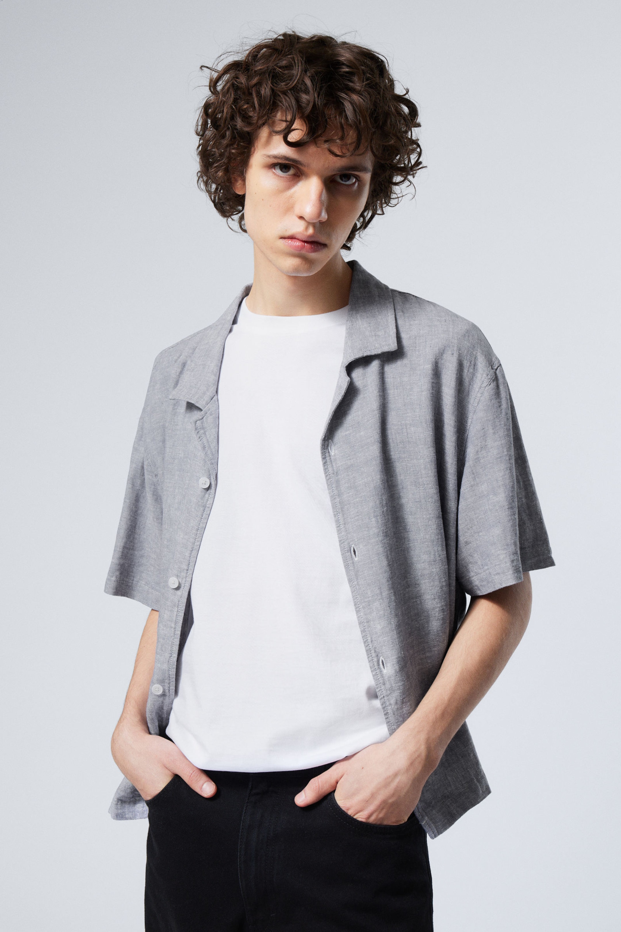Dusty Blue - Loose Short Sleeve Linen Blend Shirt - 1