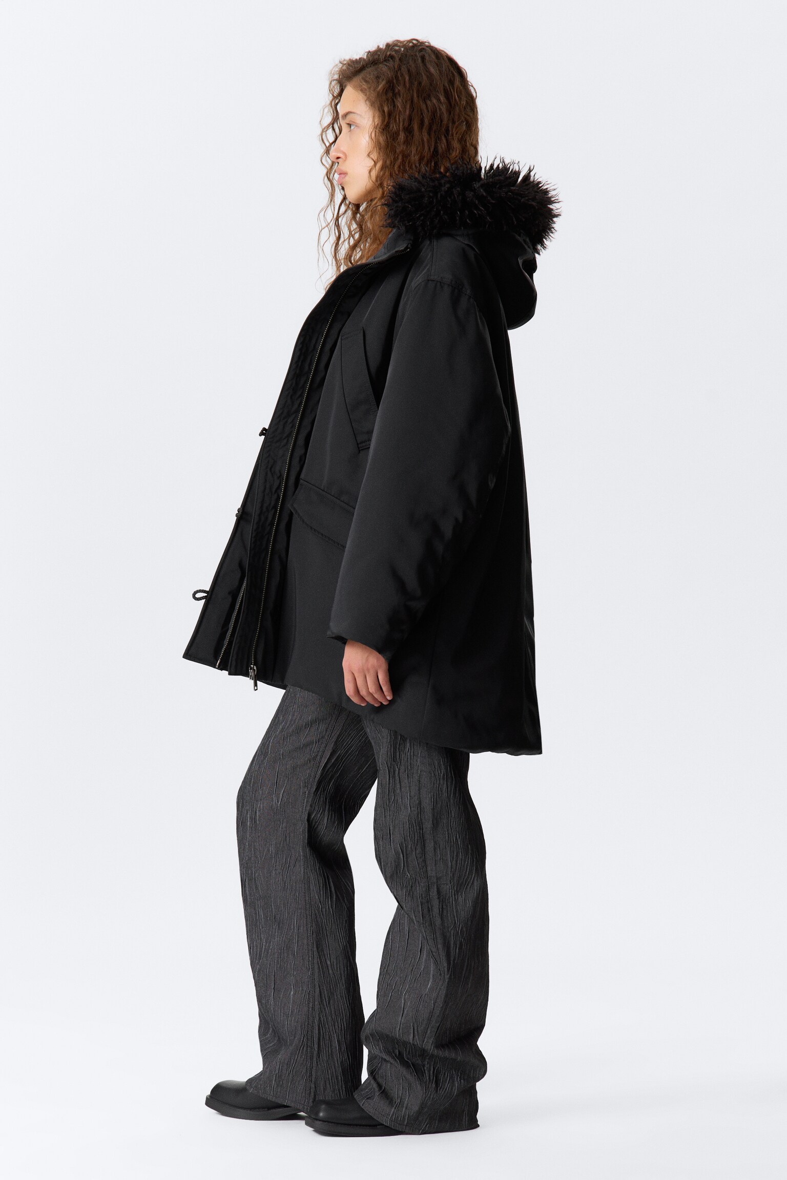 Padded Bomber Parka with Faux Fur Trim - Black/Dark Grey - 4