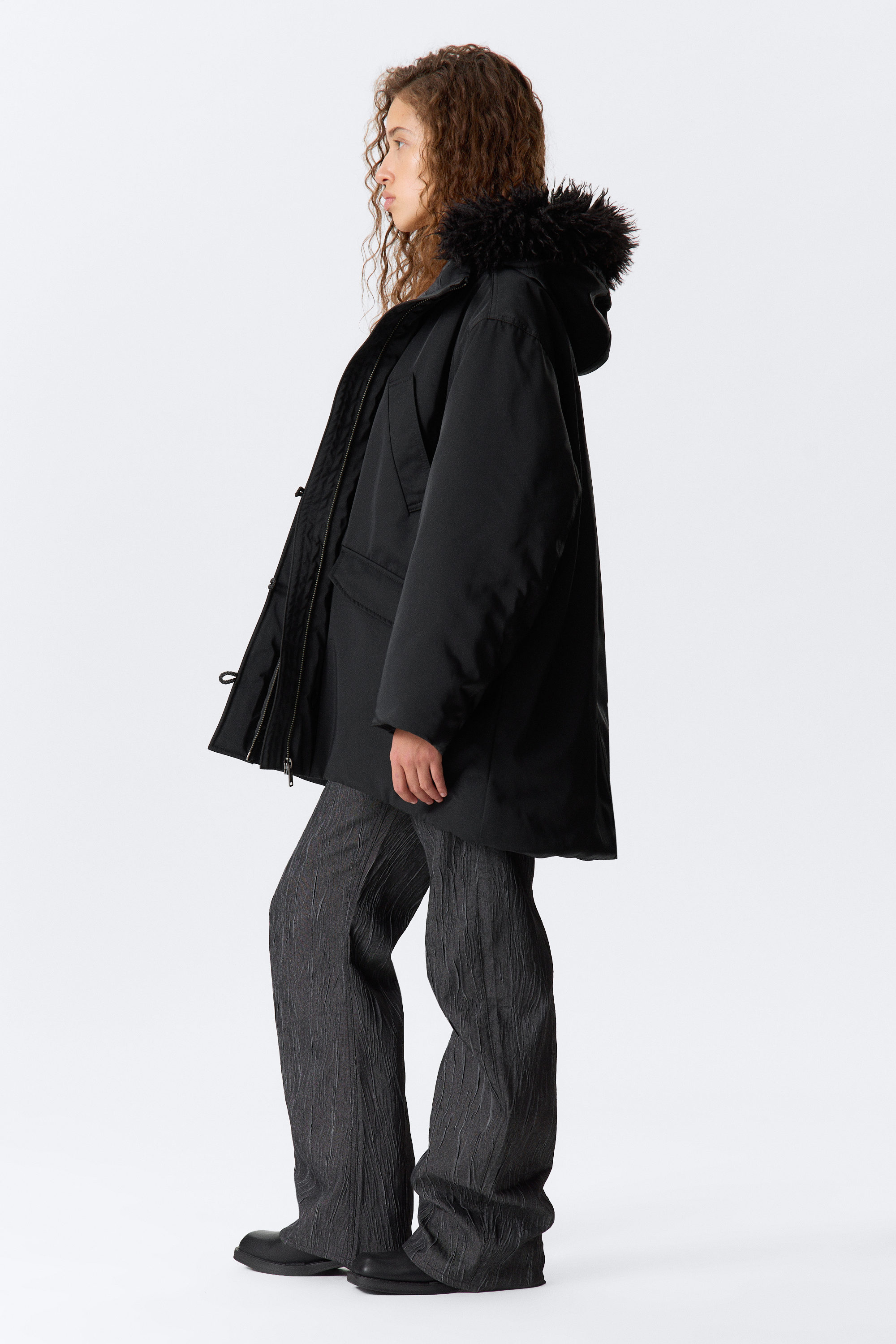 Black - Padded Bomber Parka with Faux Fur Trim - 3