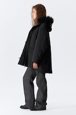 Black - Padded Bomber Parka with Faux Fur Trim - 3