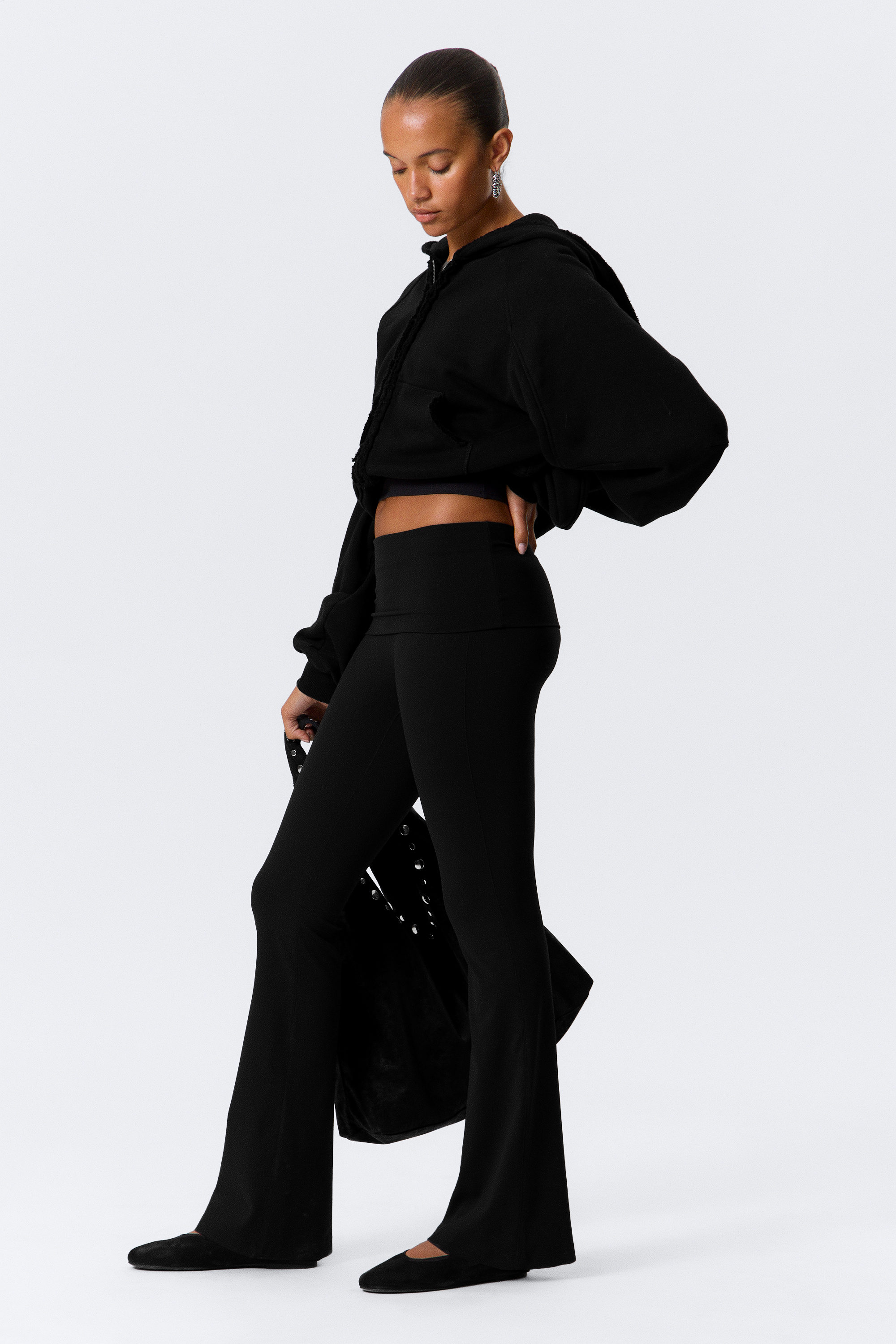 Black - Folded Waist Flared Yoga Tights - 3