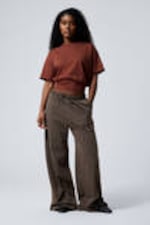 Washed Dark Brown - Loose Fit Wide Leg Jersey Trousers - 0