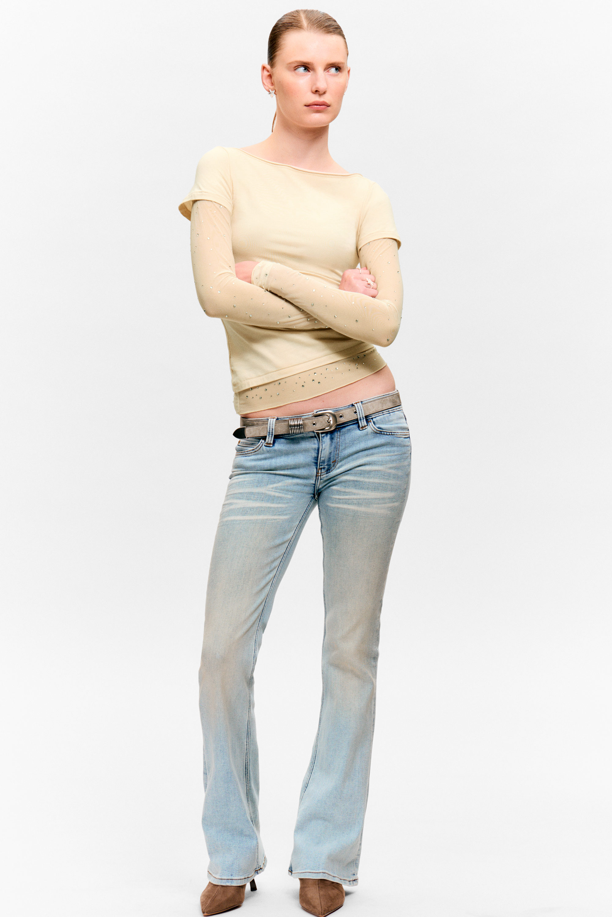 Beige - Rhinestone Mesh-Sleeve Top - 2