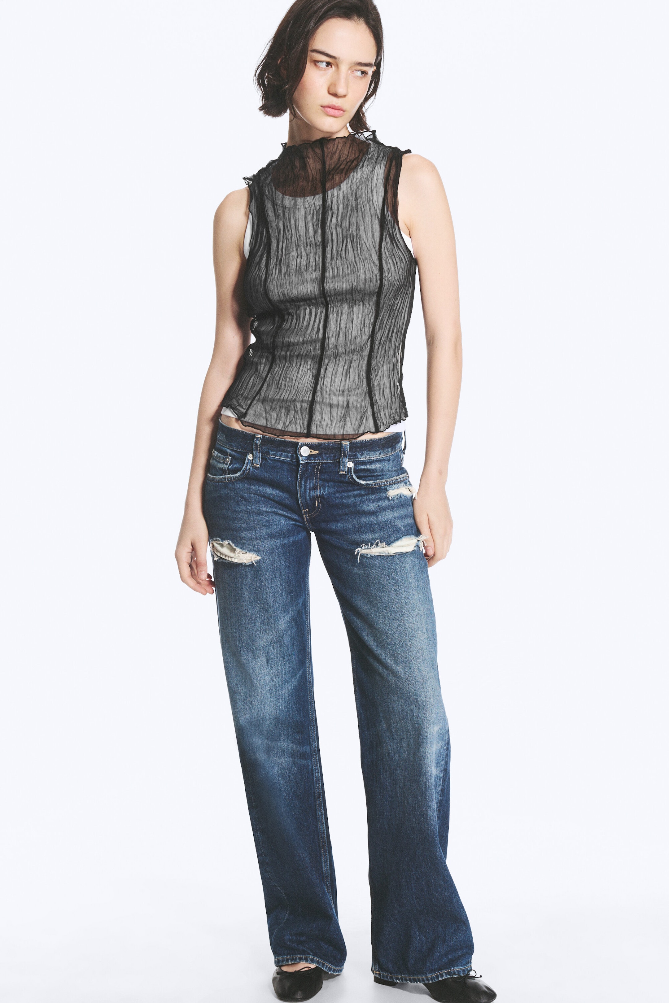 Black - Sheer Crinkled Sleeveless Top - 1