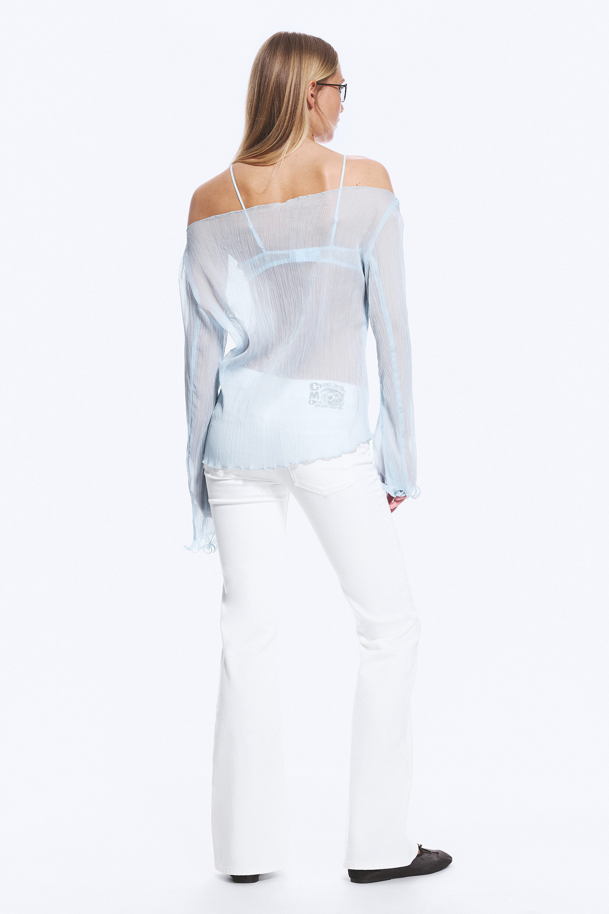 sheer boat-neck flared sleeve blouse - Light Dusty Blue | Monki WW