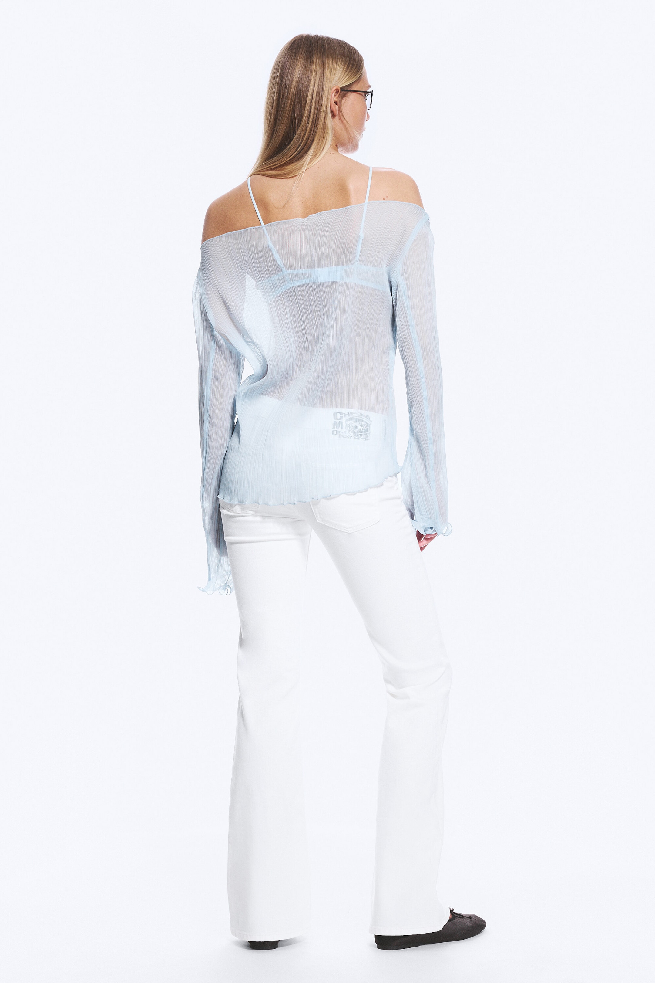 Light Dusty Blue - Sheer Boat-Neck Flared Sleeve Blouse - 2