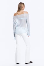 Light Dusty Blue - Sheer Boat-Neck Flared Sleeve Blouse - 2