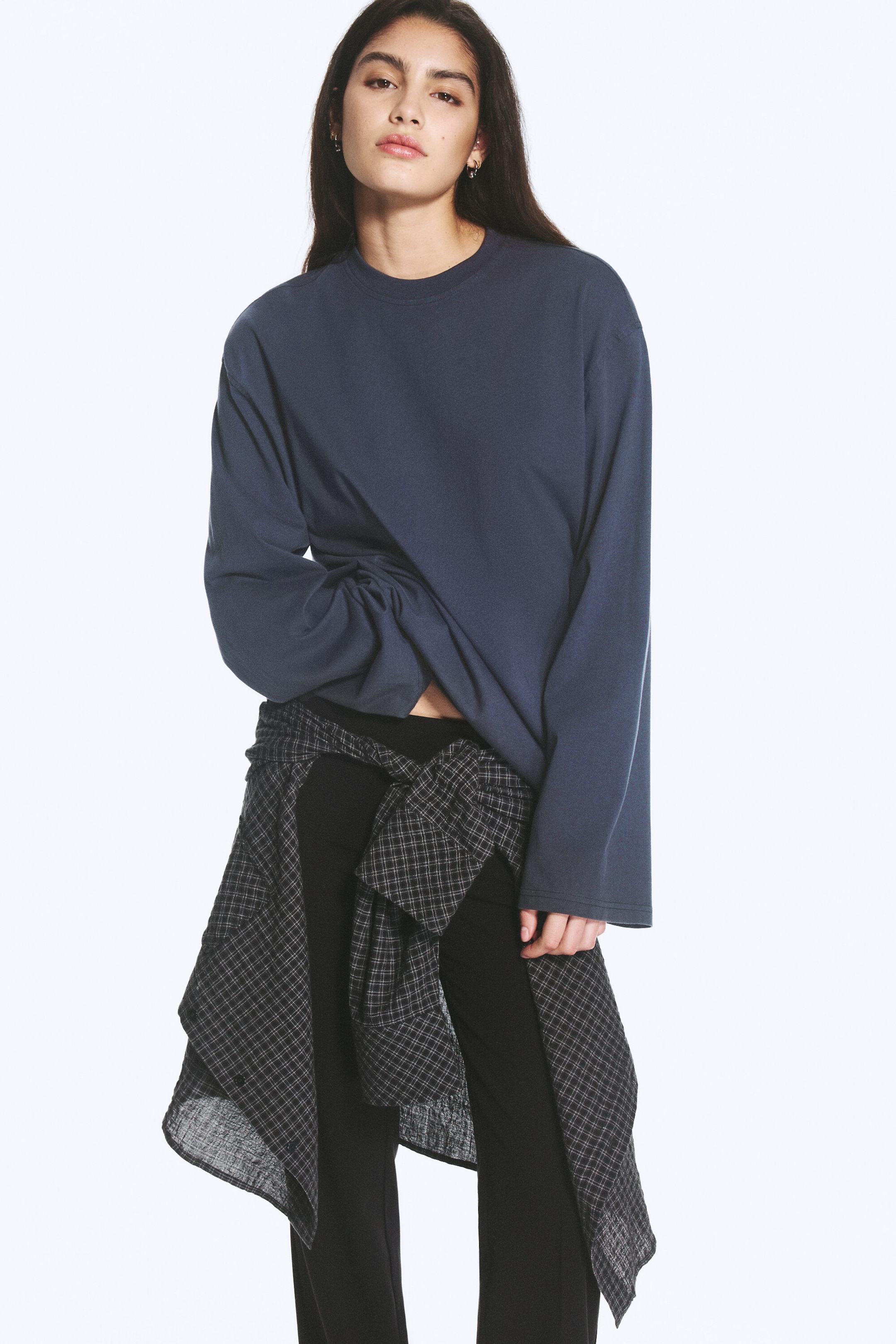 Donkerblauw - Oversized T-shirt met lange mouwen - 1