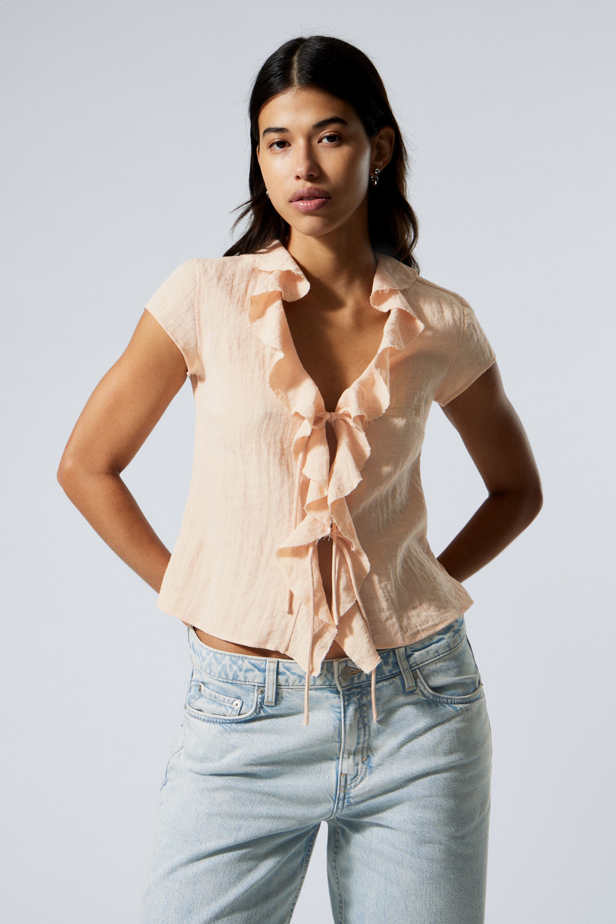 Beige - Frilled Tie-Front Top - 1