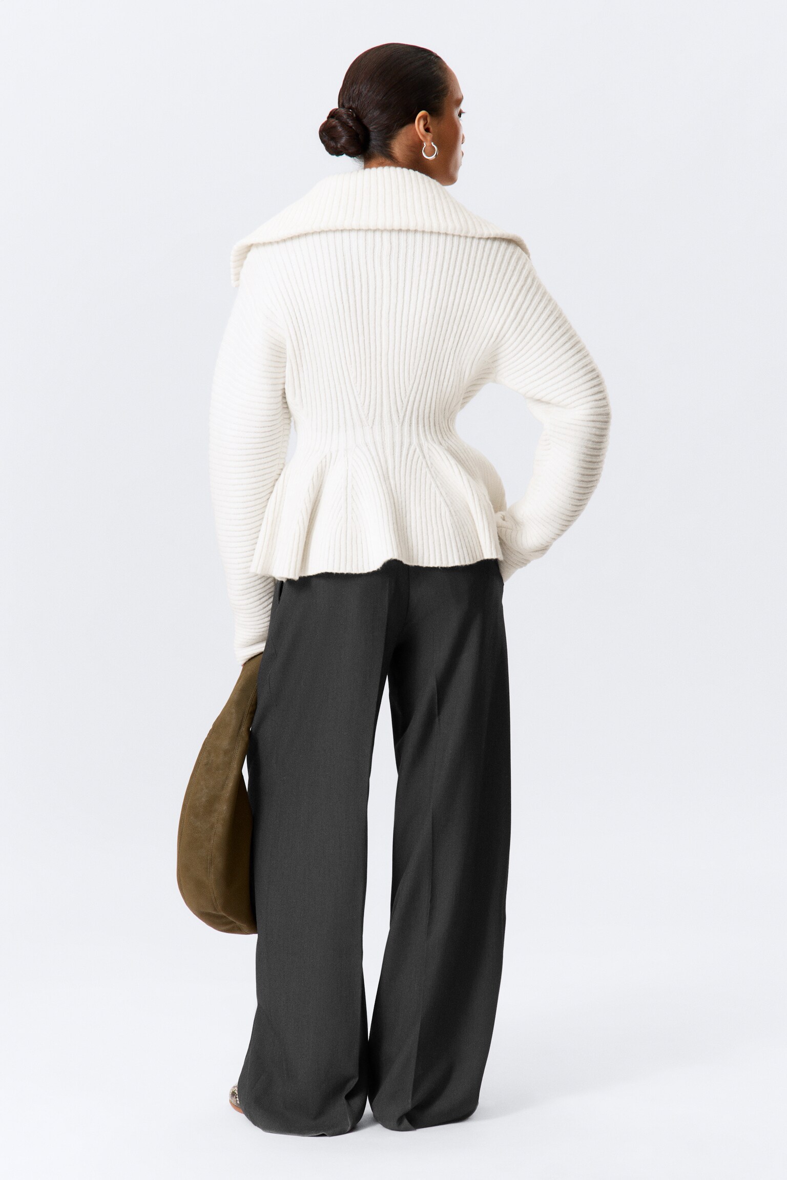 Rib Knit Peplum Zip Sweater - White/Dusty Mole - 4