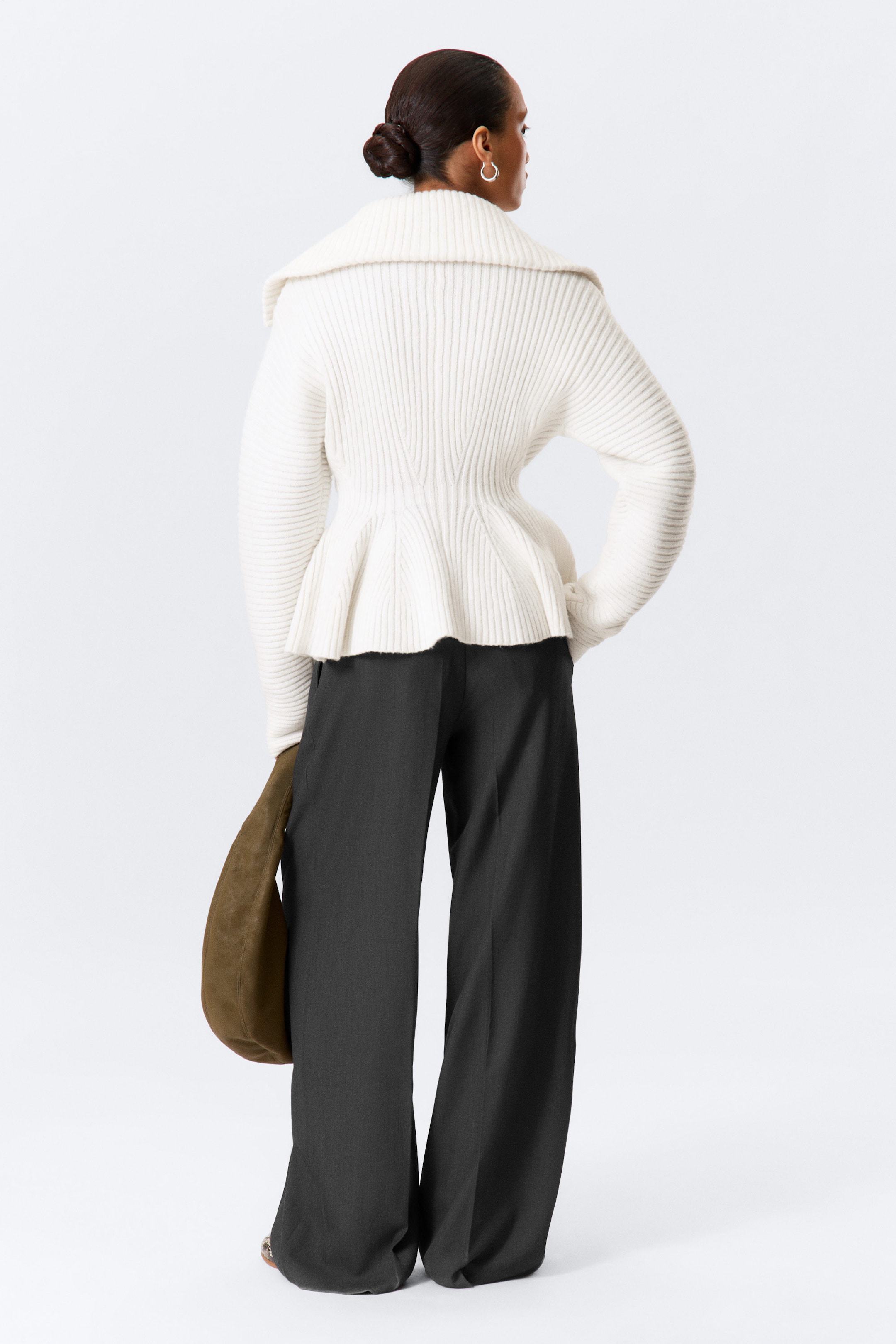 White - Rib Knit Peplum Zip Sweater - 3