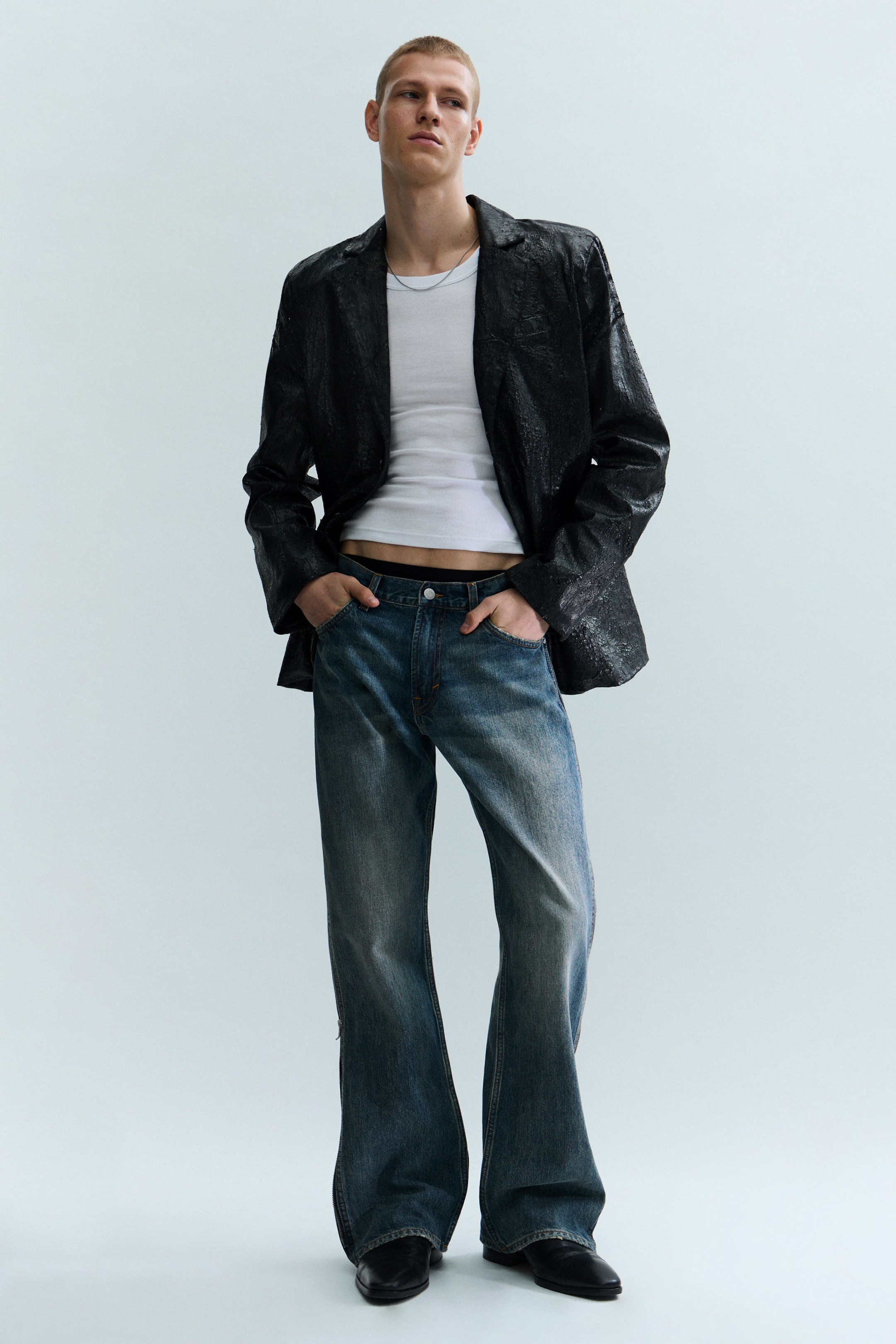 Black - Cracked Single-Breasted Blazer - 1