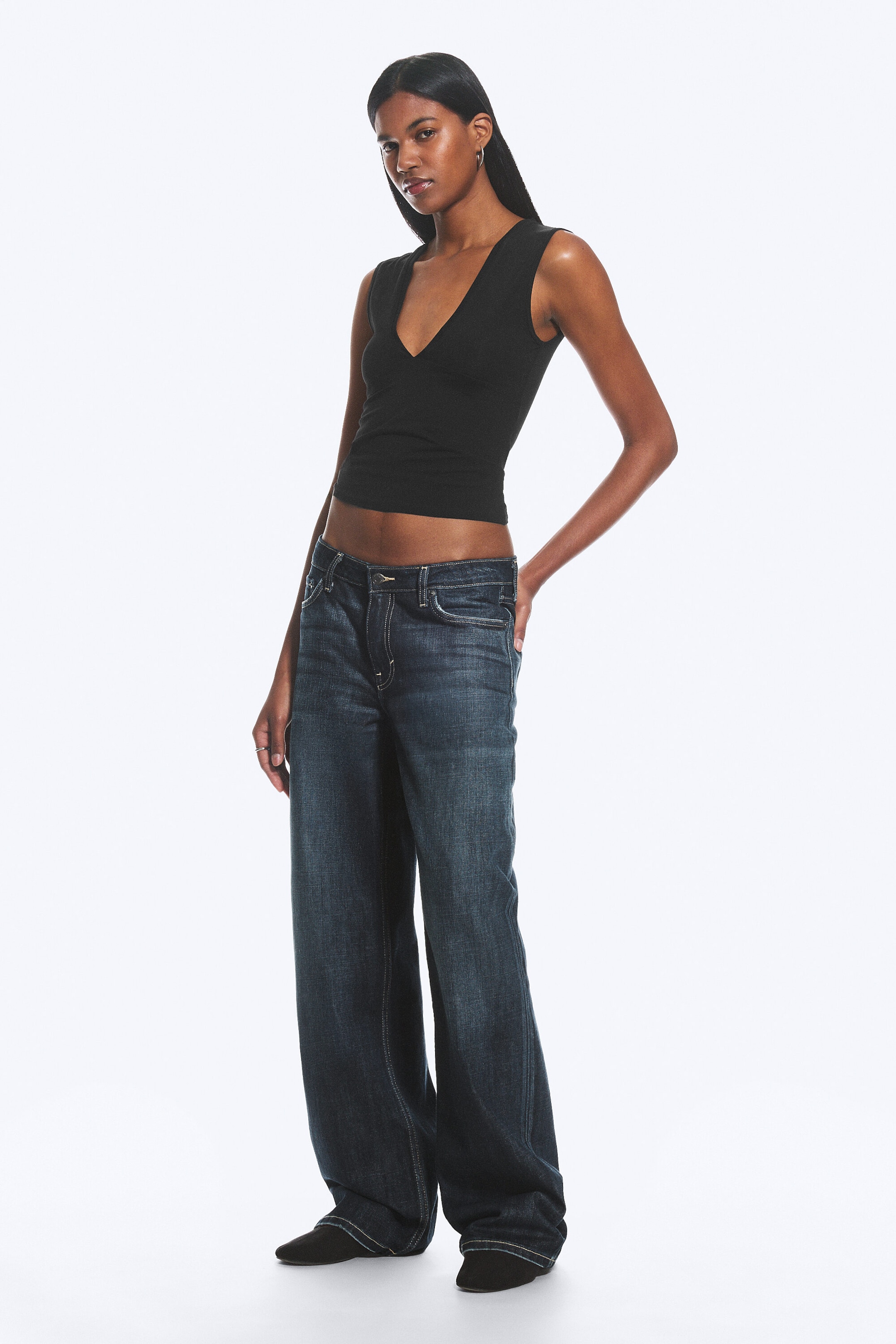 Deep Sea Blue - Dark Blue - Ample Low Rise Loose Wide Jeans - 2