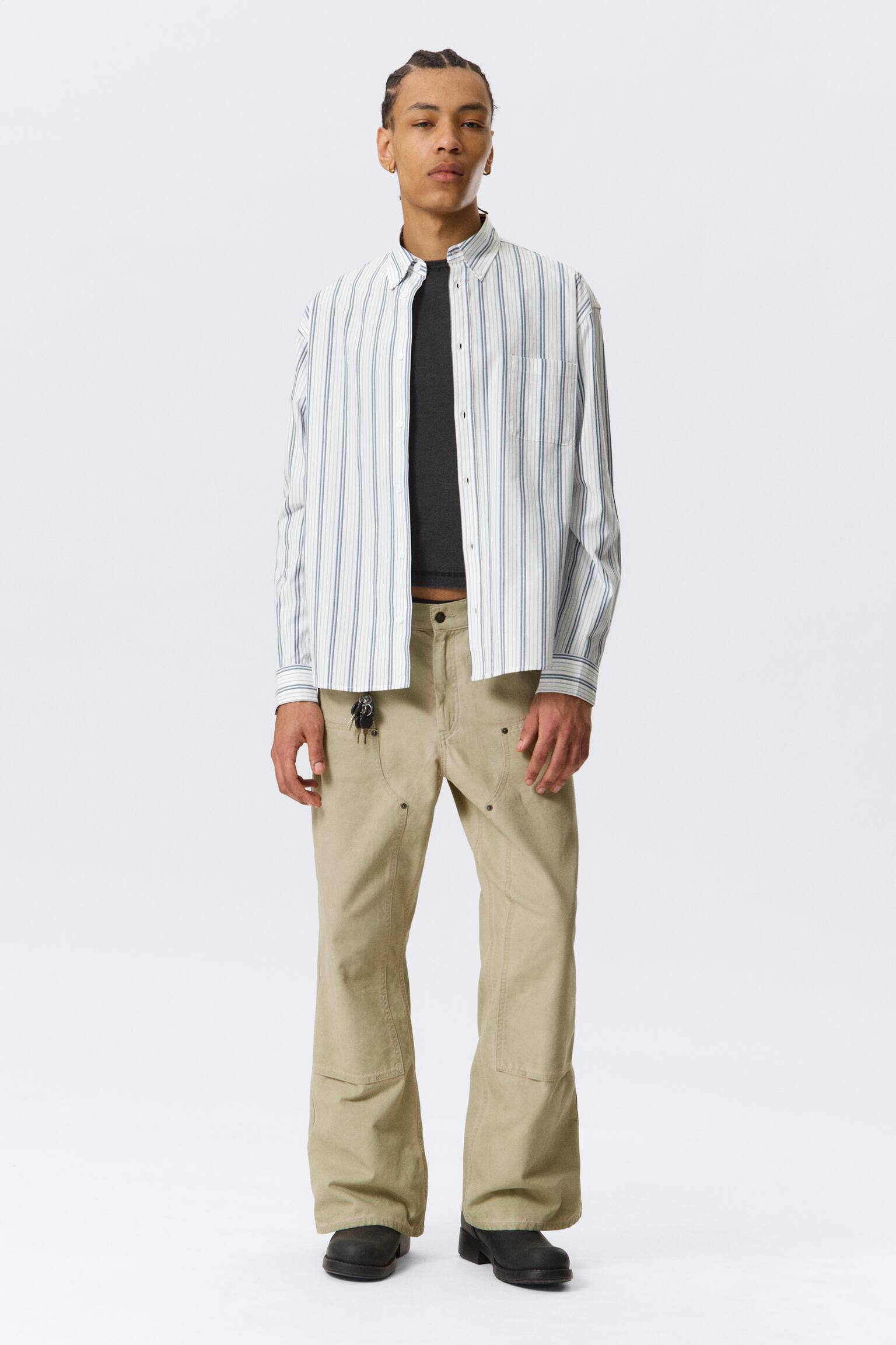 Volná košile z popelínu na knoflíky - Bílé - modré pruhy - 5