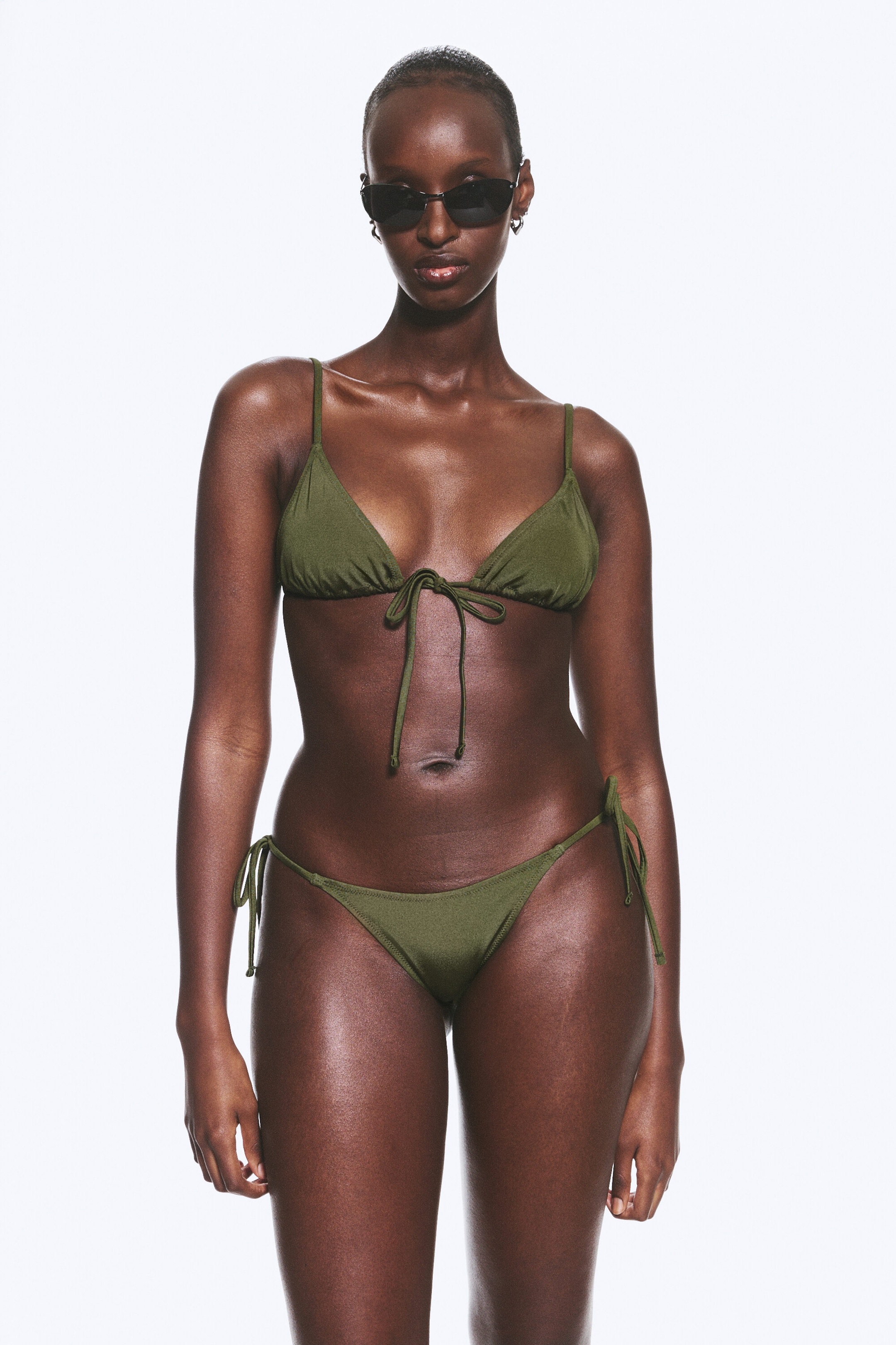 Dark Green - Shimmer - Mid Rise Brazilian Tie Bikini Bottoms - 1