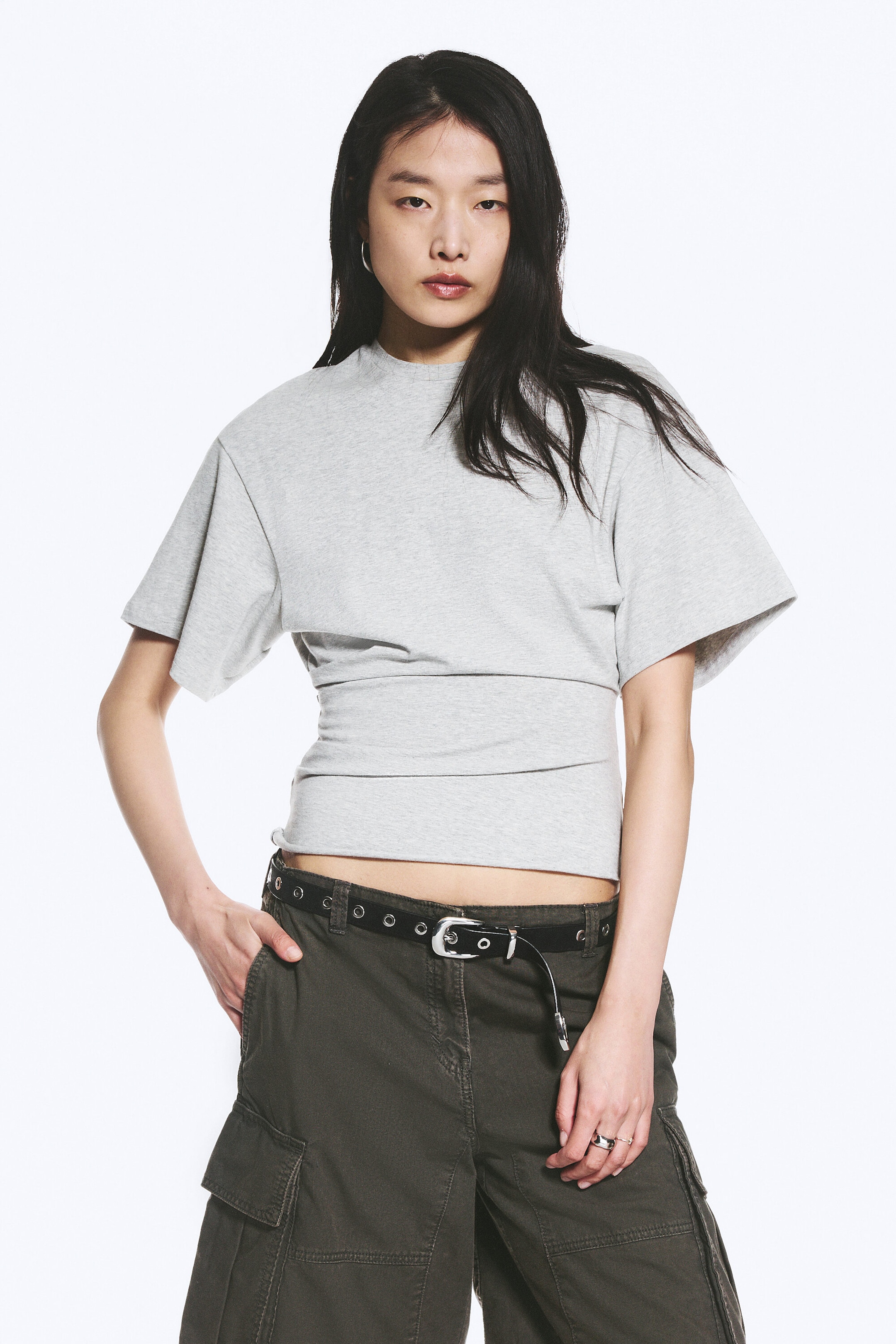 Grau meliert - DRAPIERTES, ENG ANLIEGENDES T-SHIRT - 0