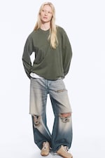 Washed Dark Khaki Green - Long-Sleeved Boxy Cotton T-shirt - 0