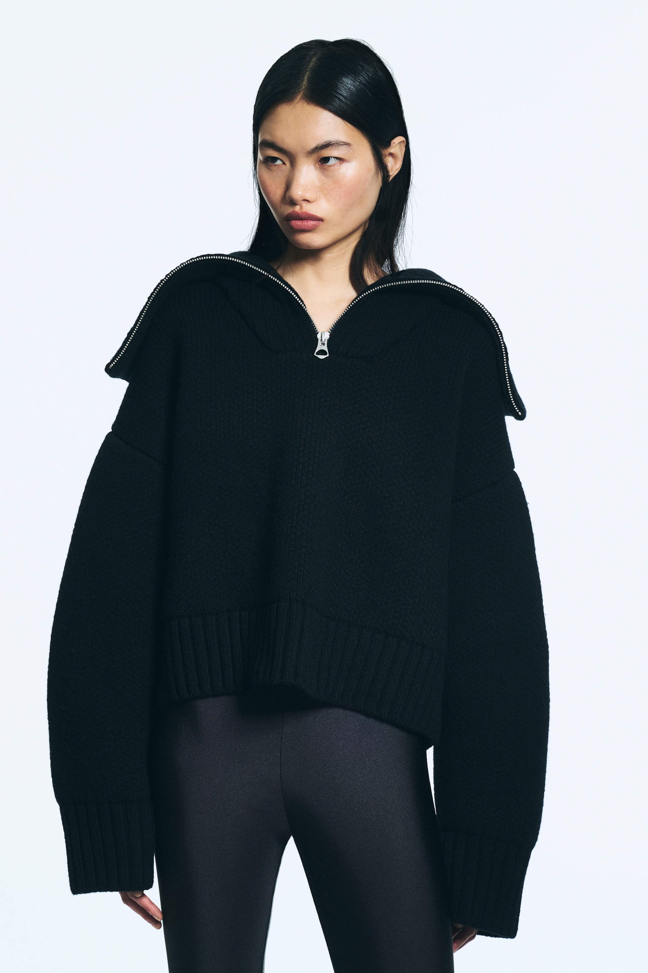 Schwarz - Dual-Zip-Strickpullover mit Trichterkragen - 2