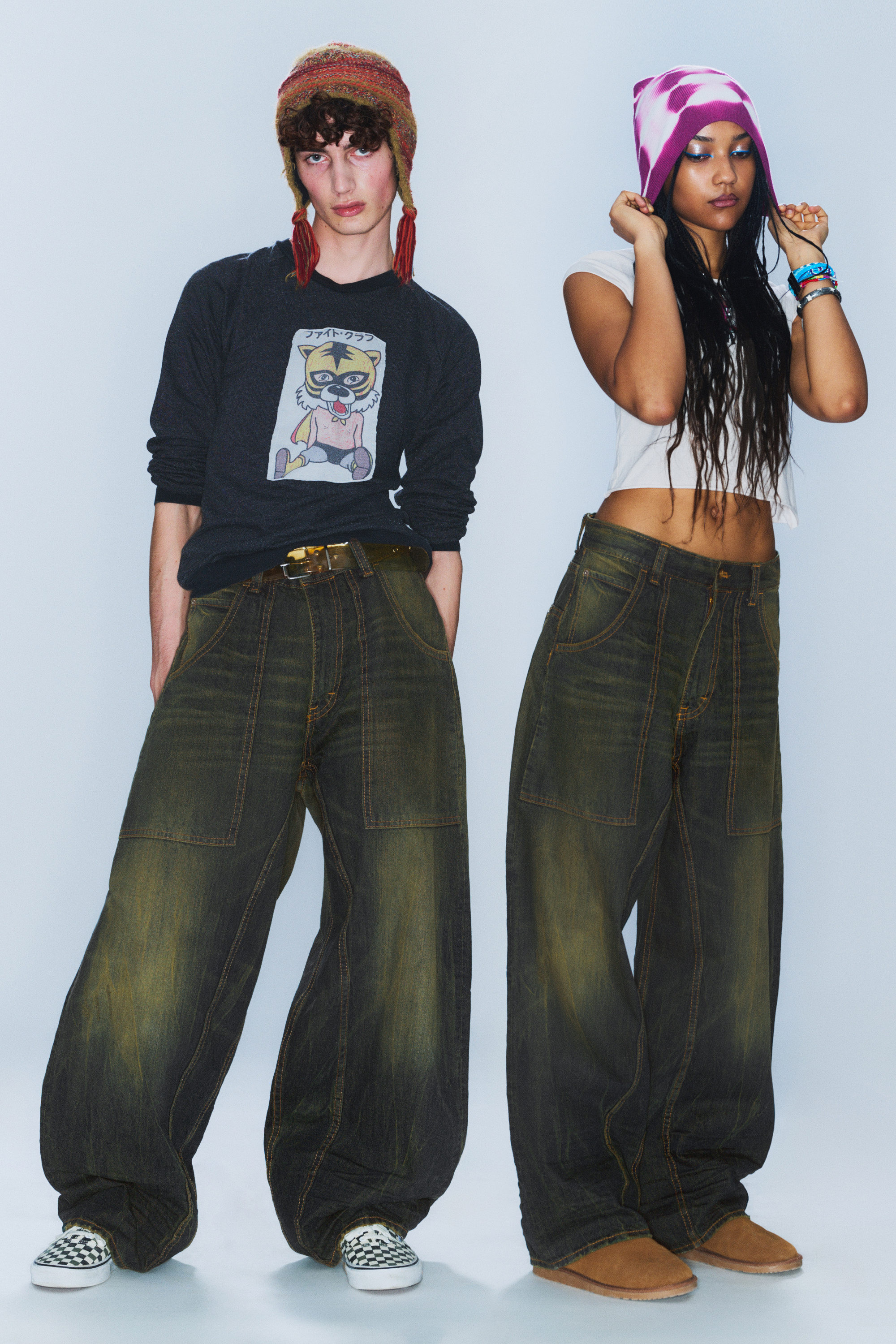 Washed Sulfur - Dark Khaki - Dunno Unisex Low Rise Loose Barrel Leg Jeans - 1