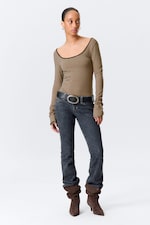 Beige/Black Stripe - Long-Sleeved Slim Fit Scoop Neck Top - 0