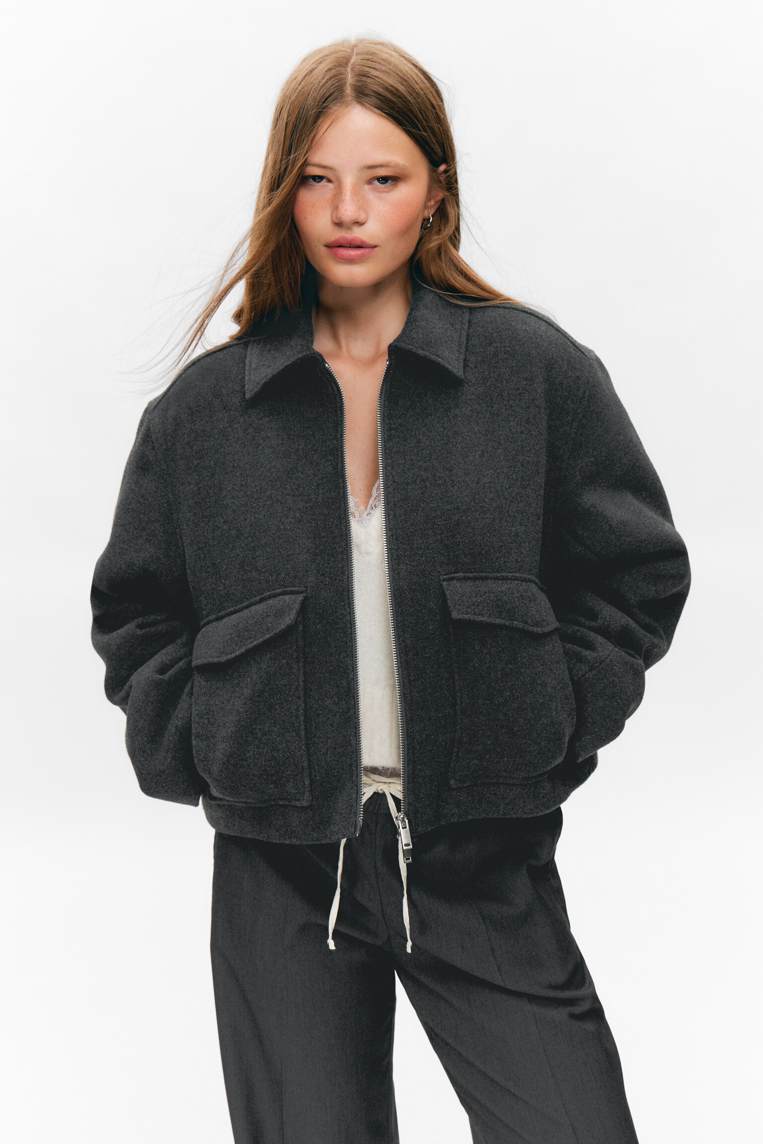 Kurze, kastige Zip-Jacke - Dunkelgrau meliert/Dunkelbraun kariert/Mattes Braun - 6