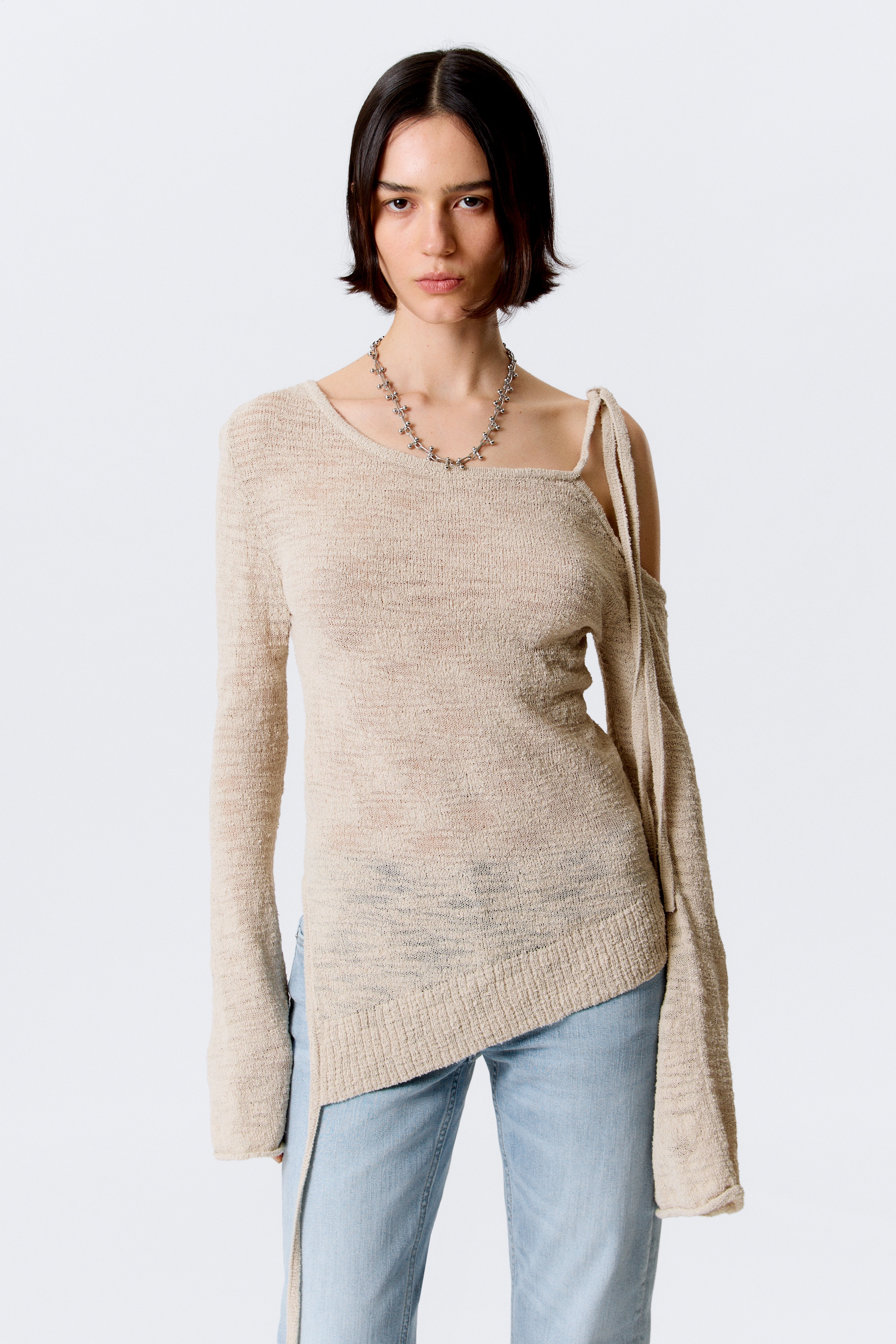 Asymmetric Tie-Shoulder Knitted Sweater - Light Mole/Black