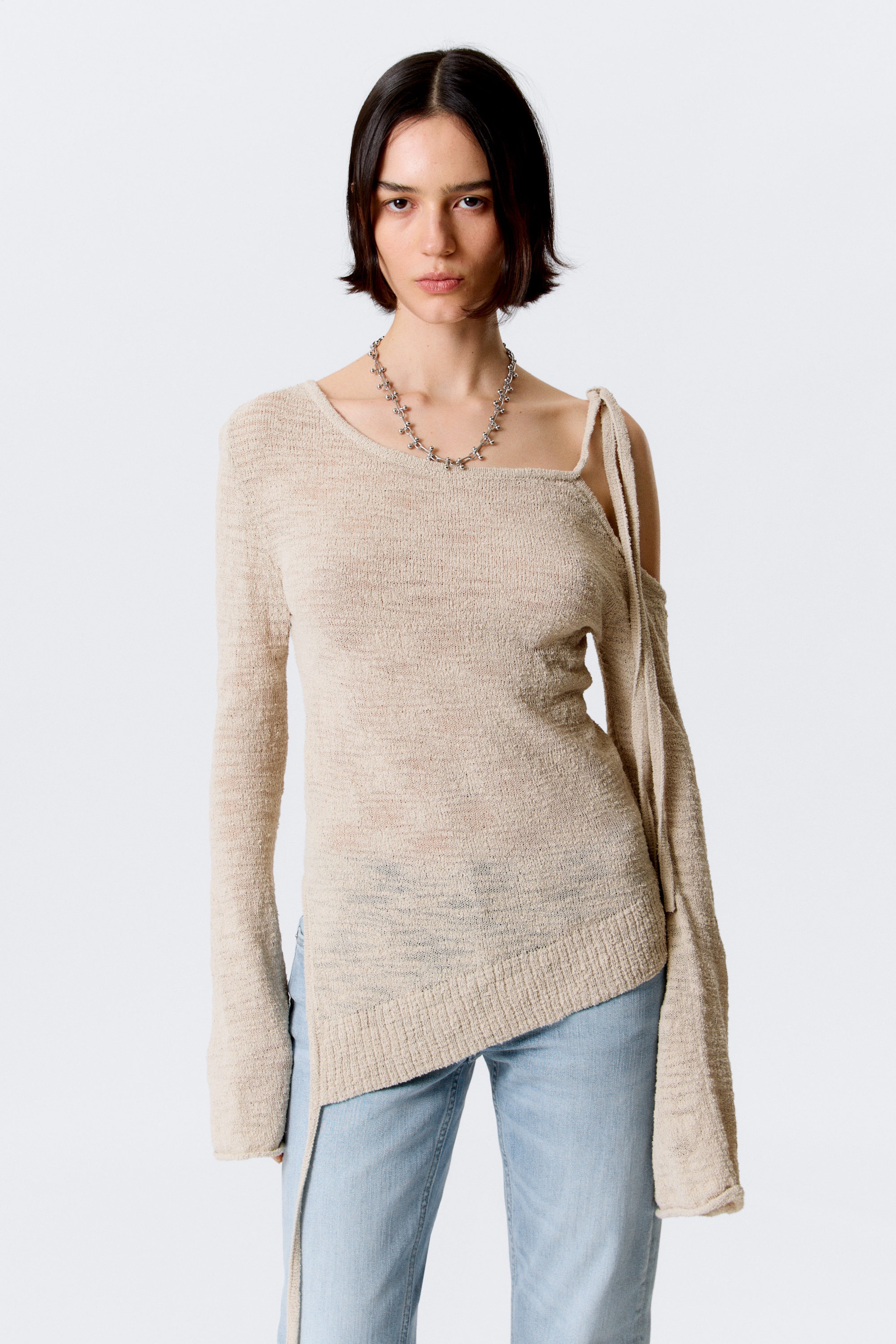Light Mole - Asymmetric Tie-Shoulder Knitted Sweater - 1
