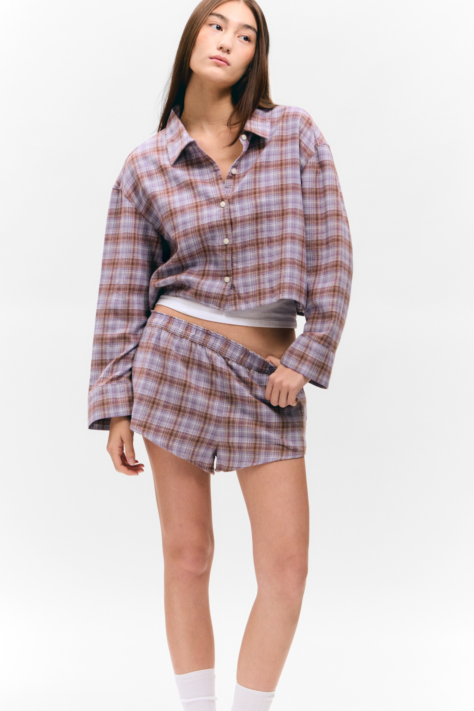 Cropped Checked Flannel Shirt - Purple Check/Checked Brown