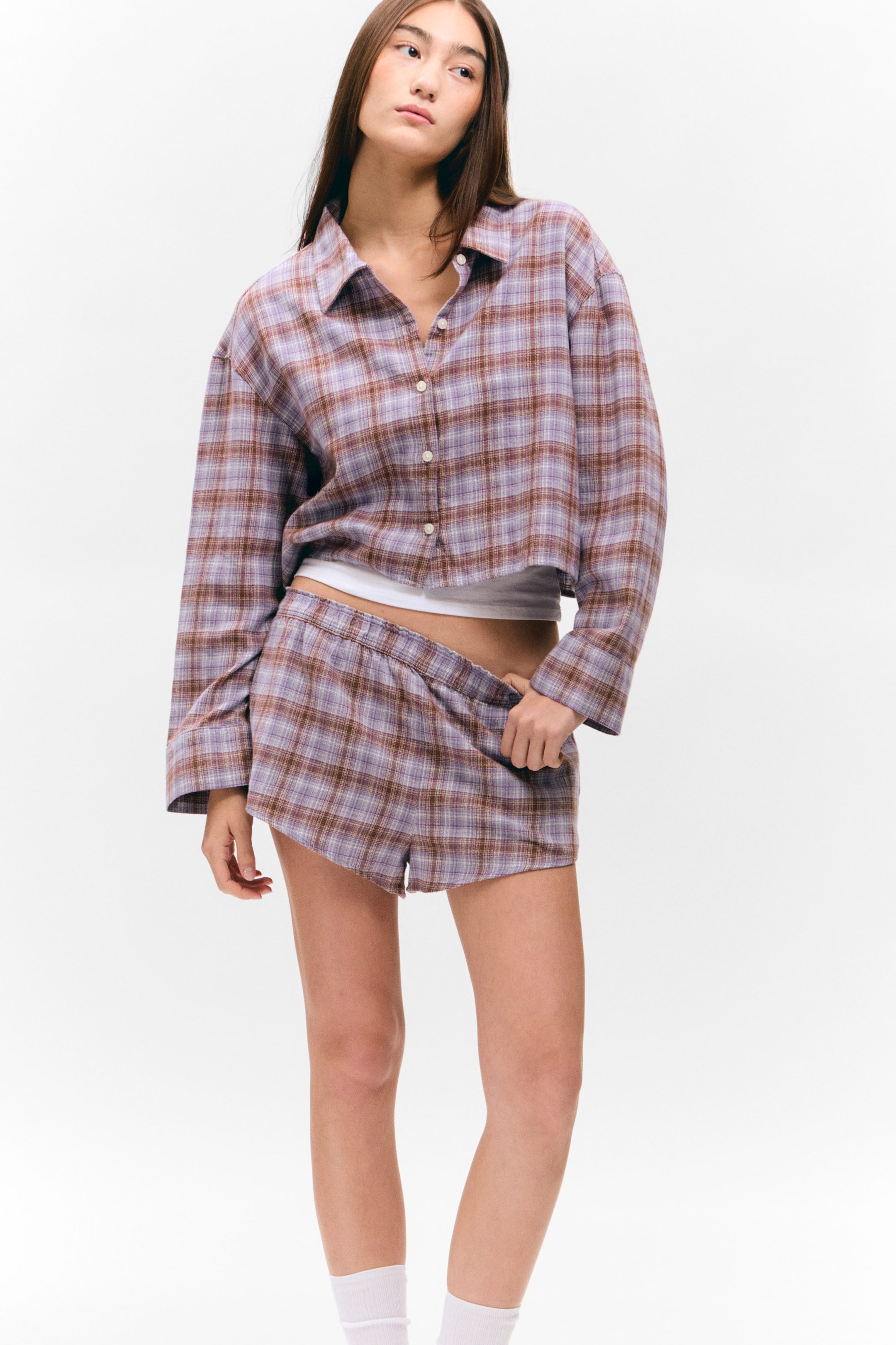 Purple Check - Cropped Checked Flannel Shirt - 1