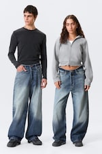 Board Blue - Medium Blue - Astro Mid Rise Loose Baggy Leg Unisex Jeans - 0