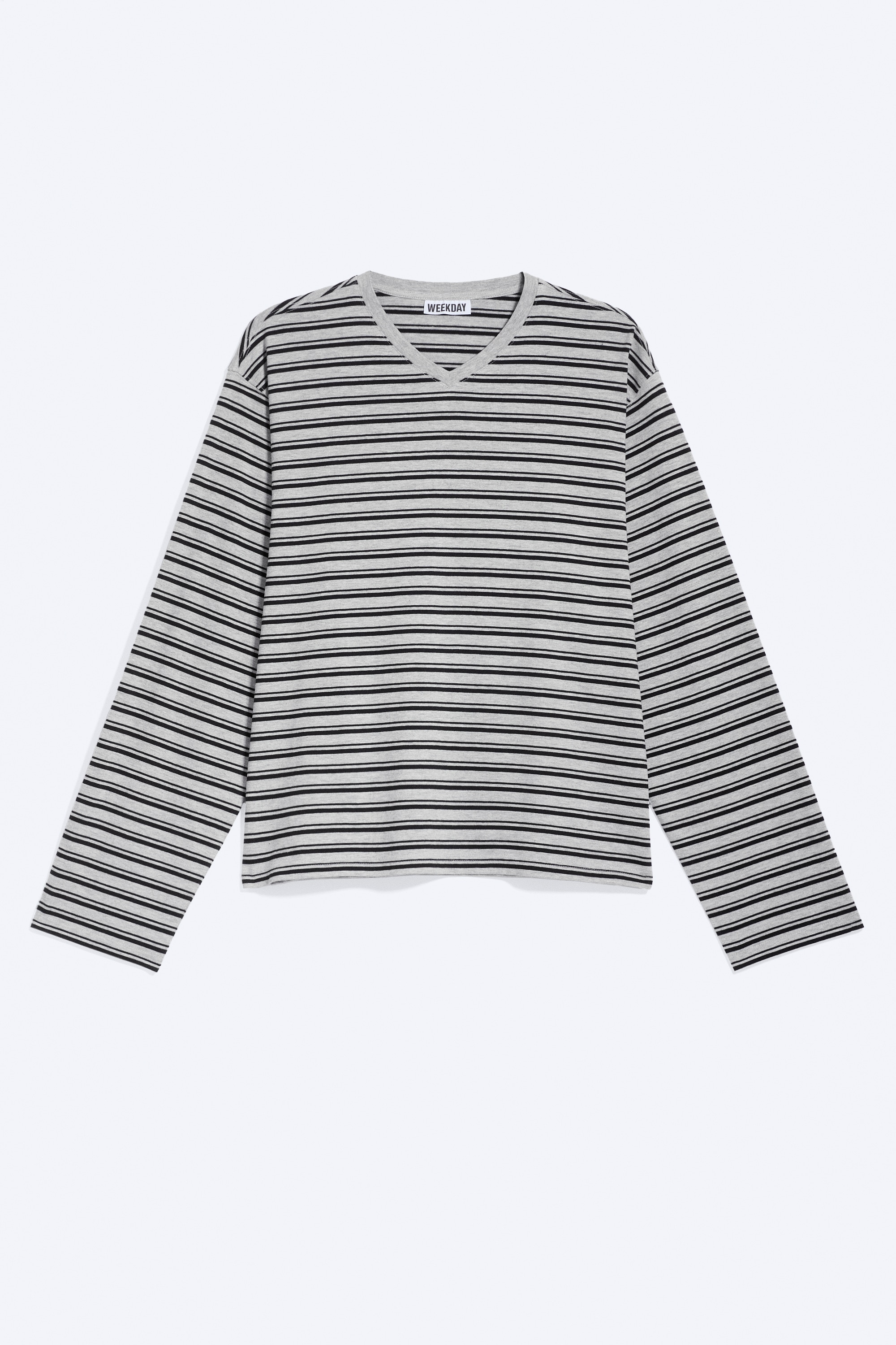 Pudełkowy T-shirt z długim rękawem i dekoltem w serek - Szary melanż/Czarne paski/Biały/Washed Beige