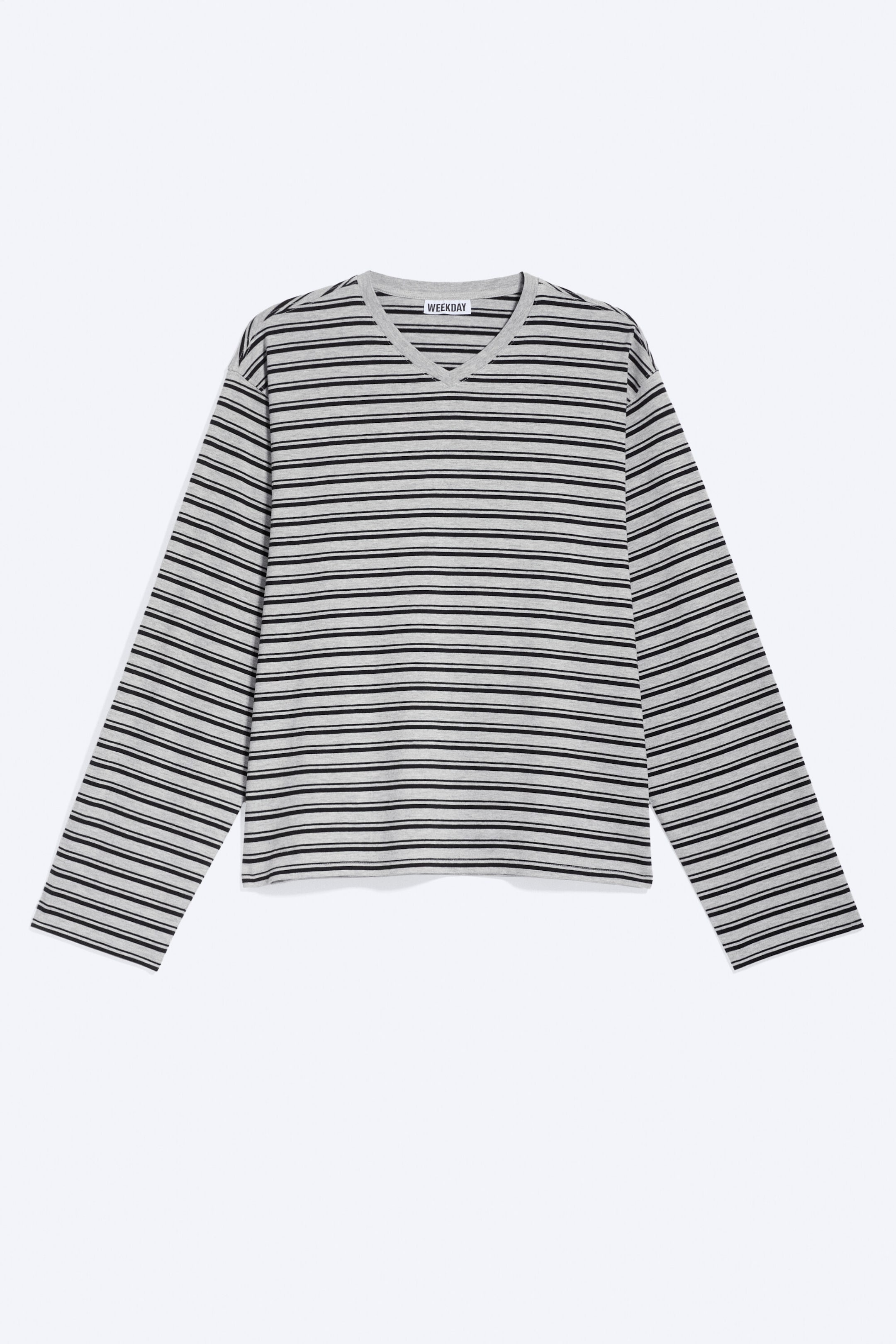 Grey Melange/Black Striped - Boxy V-neck Long-sleevd T-shirt - 4