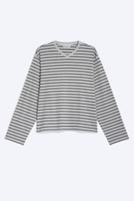 Grey Melange/Black Striped - Boxy V-neck Long-sleevd T-shirt - 4