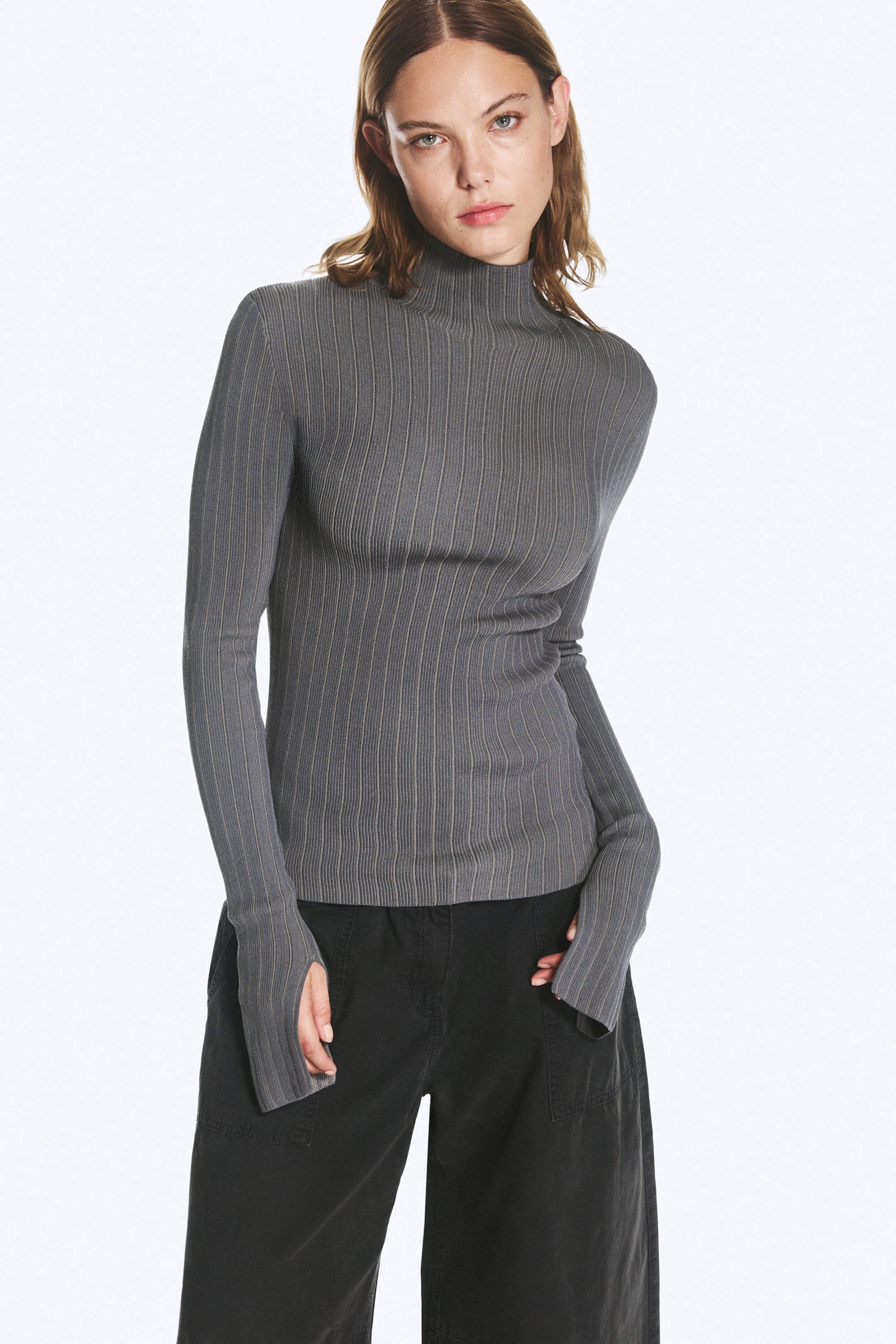 Striped Dark Grey Melange - Ribbed Fitted Turtleneck - 1