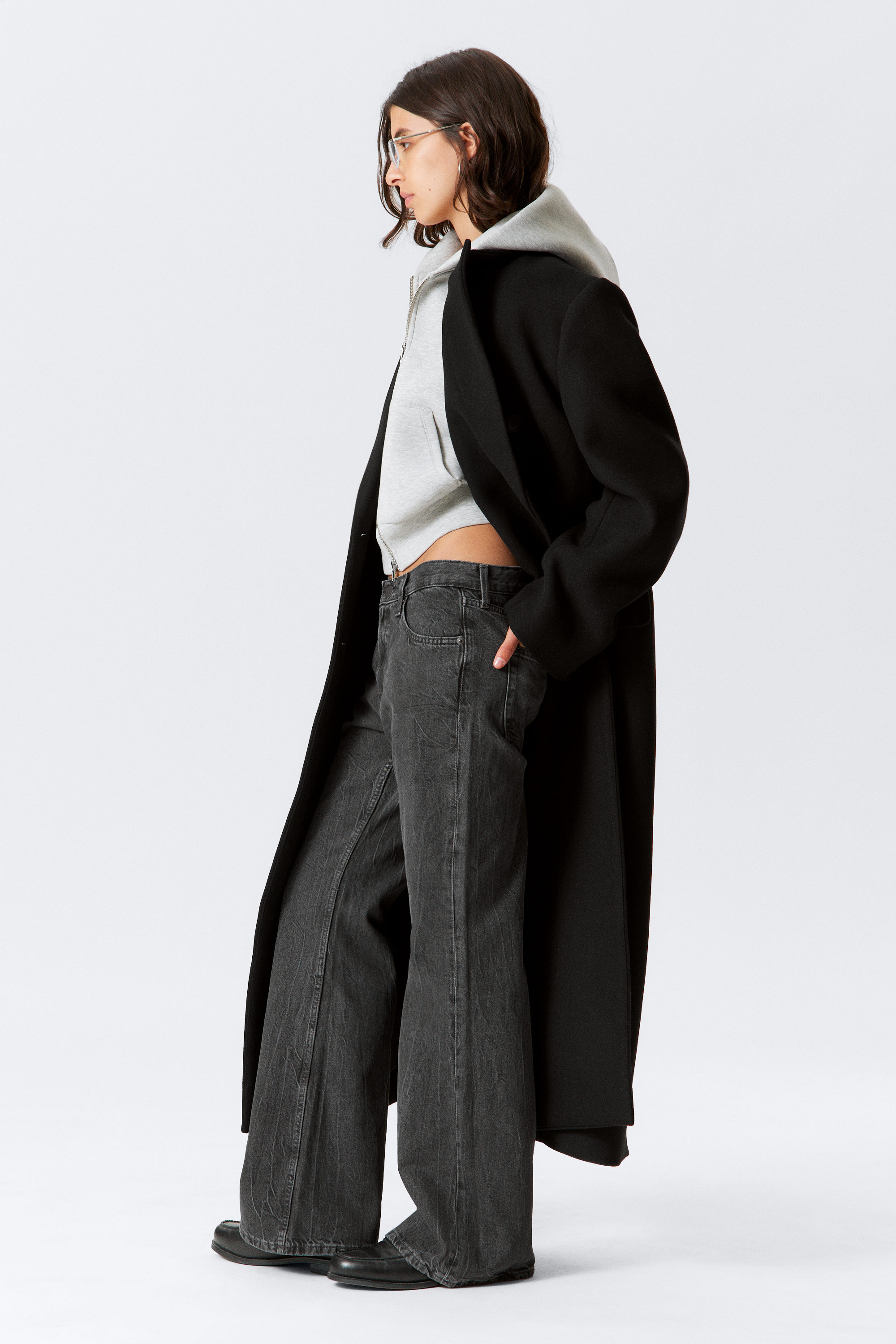 Schwarz - Zweireihiger Oversized-Mantel aus Wollmischung - 2