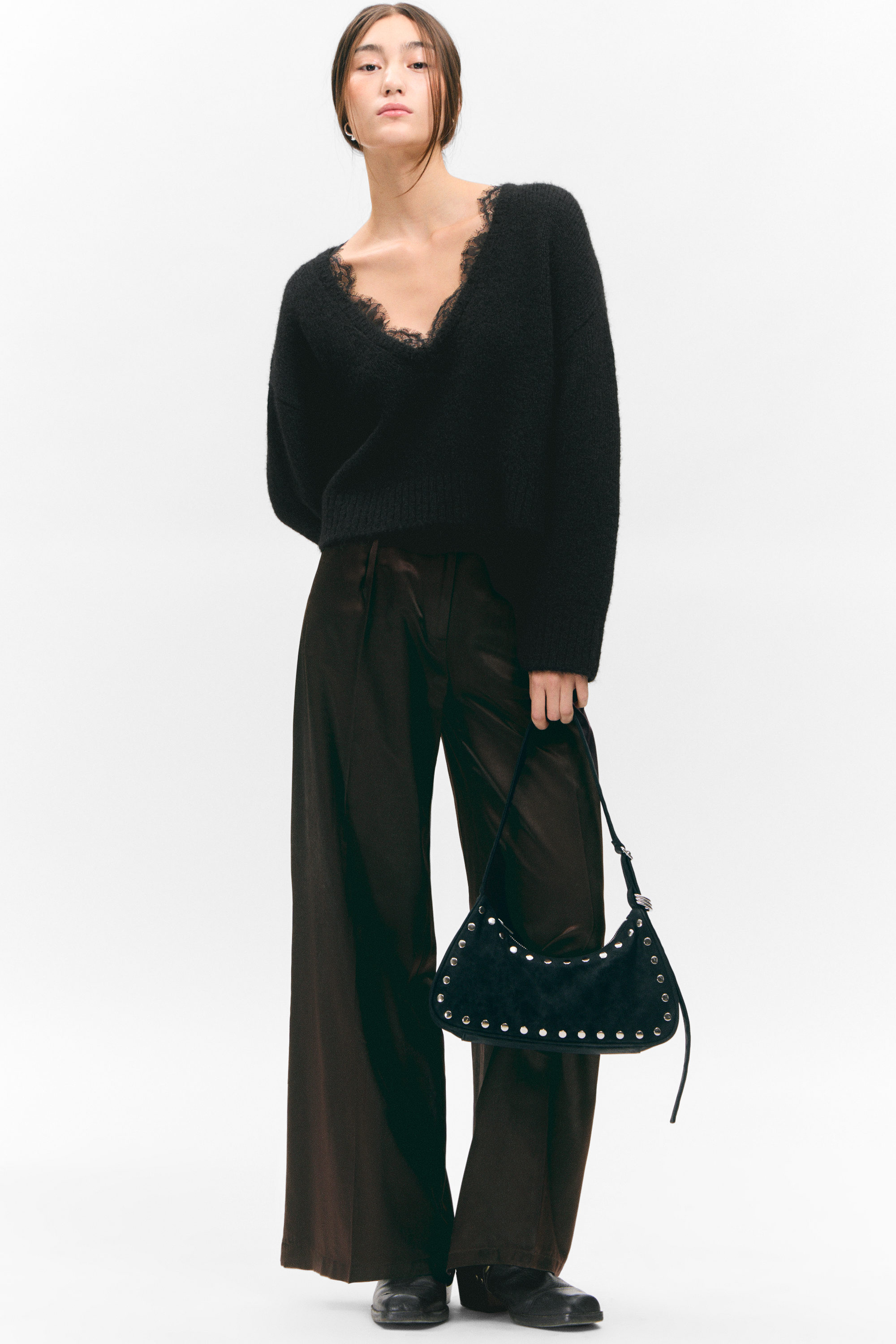 Dunkelbraun - High Waisted Wide Leg Satin Trousers - 1